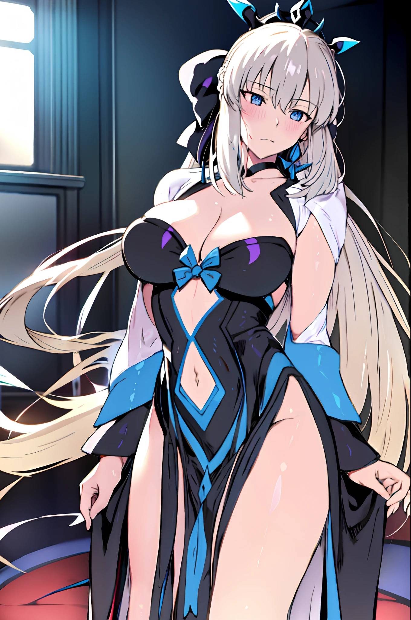 Masterpiece, Best quality,1girll, Breasts, Solo, Blue eyes, Morgan Le Fay (fate), Long hair, bow, view the viewer, Two-tone dresses, Hair accessories hair bye, pony tails, upper legs, Very long hair, dress, Black bow, Large breasts, Wide sleeves, Braid, Black dress, cleavage, bangs, Long sleeves,(kbxll:0.6)