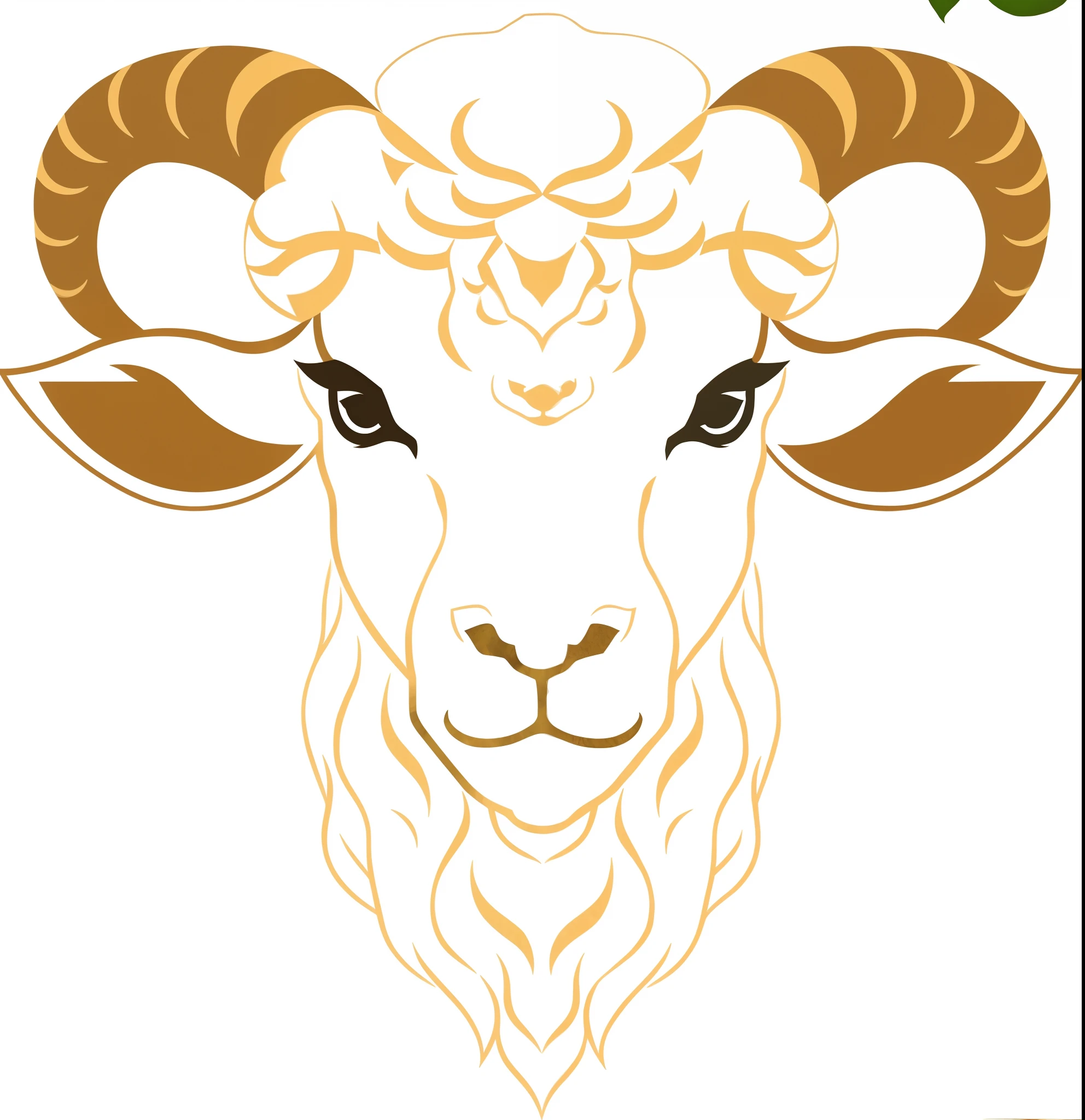 There is a goat with long horns and green leaves, horned ram goddess, with symmetrical head and eyes, Golden Ram Horn, aries fiery ram tarot, Palatial and threatening faces, taurus zodiac sign symbol, White corners on eyebrows, sheeps, Symmetrical and beautiful face, mystic sheperd, front portrait, frontage, Ram's horn