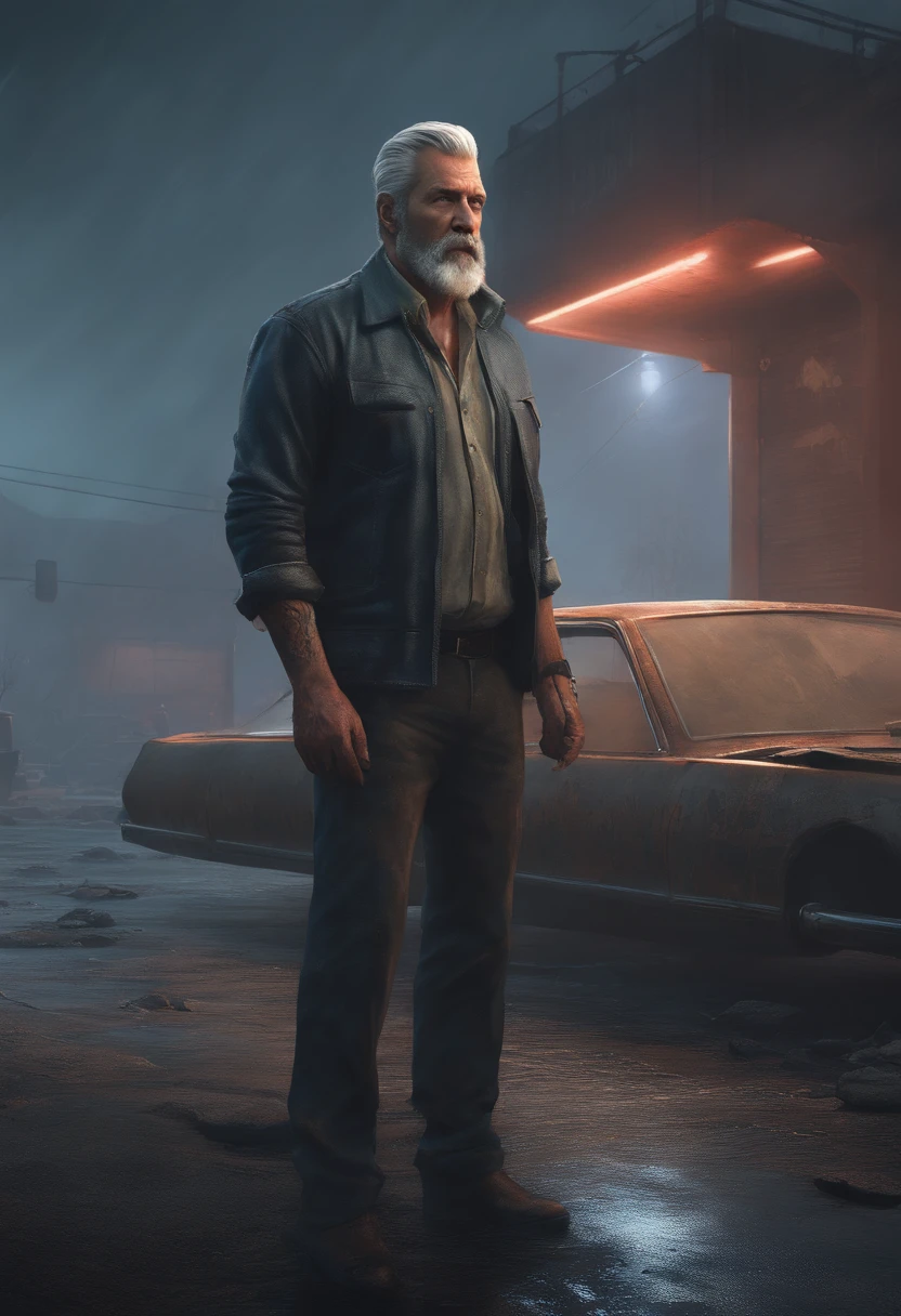 (8k, RAW Photo, Highest quality), realistic, 1 Mature Man, muscular body, with arm tattoo, gray hair and business style, torn blouse, handsome face, square chin and close beard, , Detailed eyes, clear facial features, with some details of blood on his clothes and face, holding a pistol,
spooky atmosphere,Night,Cinematic lighting,decadent cityscape, gloomy skies, illustrated by Simon Stlenhag, Daniel Dociu, stylized realism, retrofuturistic, urban decay, cinematic, dramatic, high saturation, futuristic, ruined,3 zombies in the background of apocalyptic scene