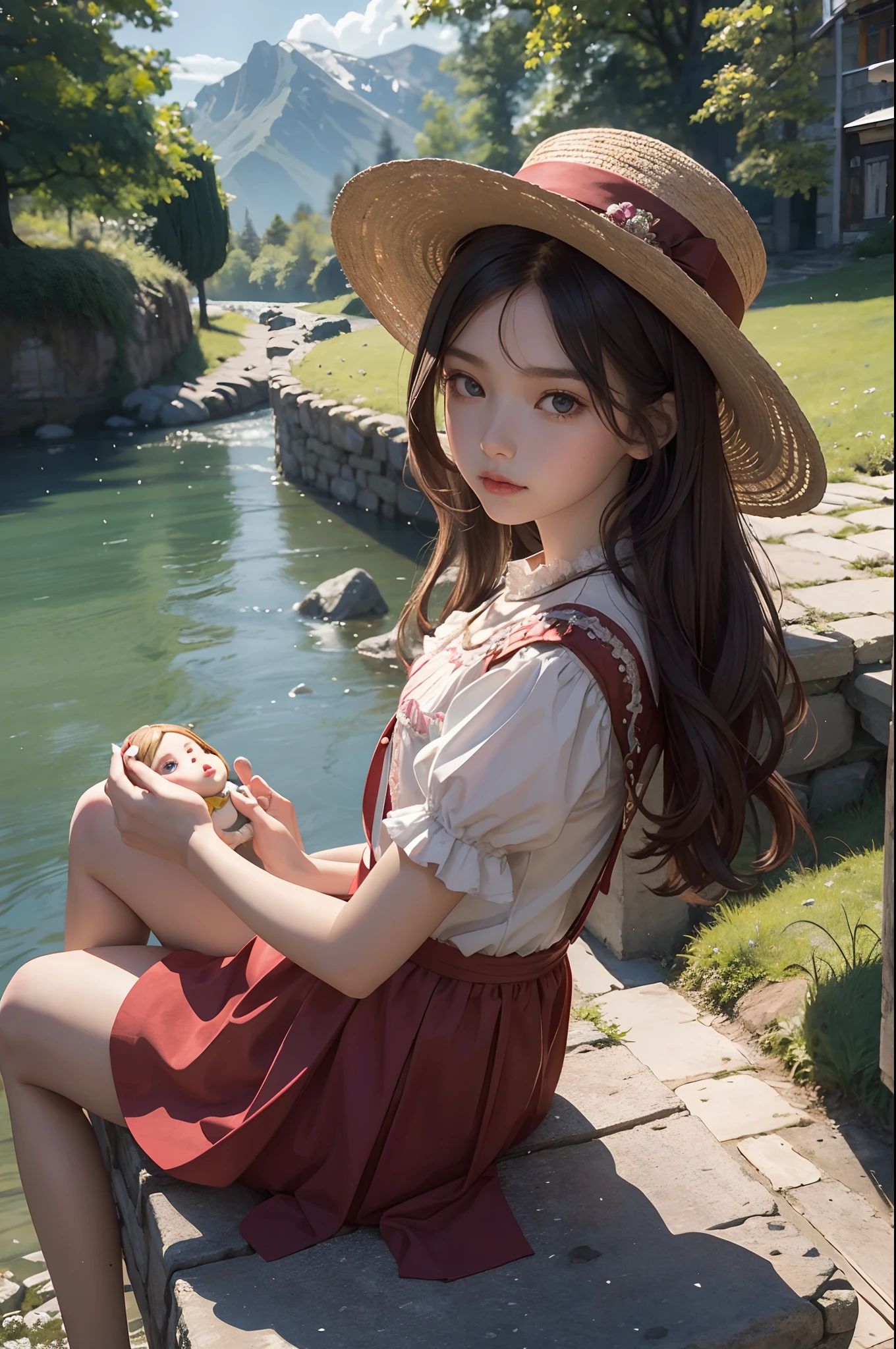 (masterpiece), ((best quality)), extremely delicate and beautiful, vibrant colors, girl of about 11 years old, in a small and picturesque medieval town, the girl is sitting on a very small hill, with a hill in the background, near him is a small river that falls to another hill, In the girl's right hand he carries a very pretty doll. The girl has a mushroom-shaped hat, The girl stares at the landscape