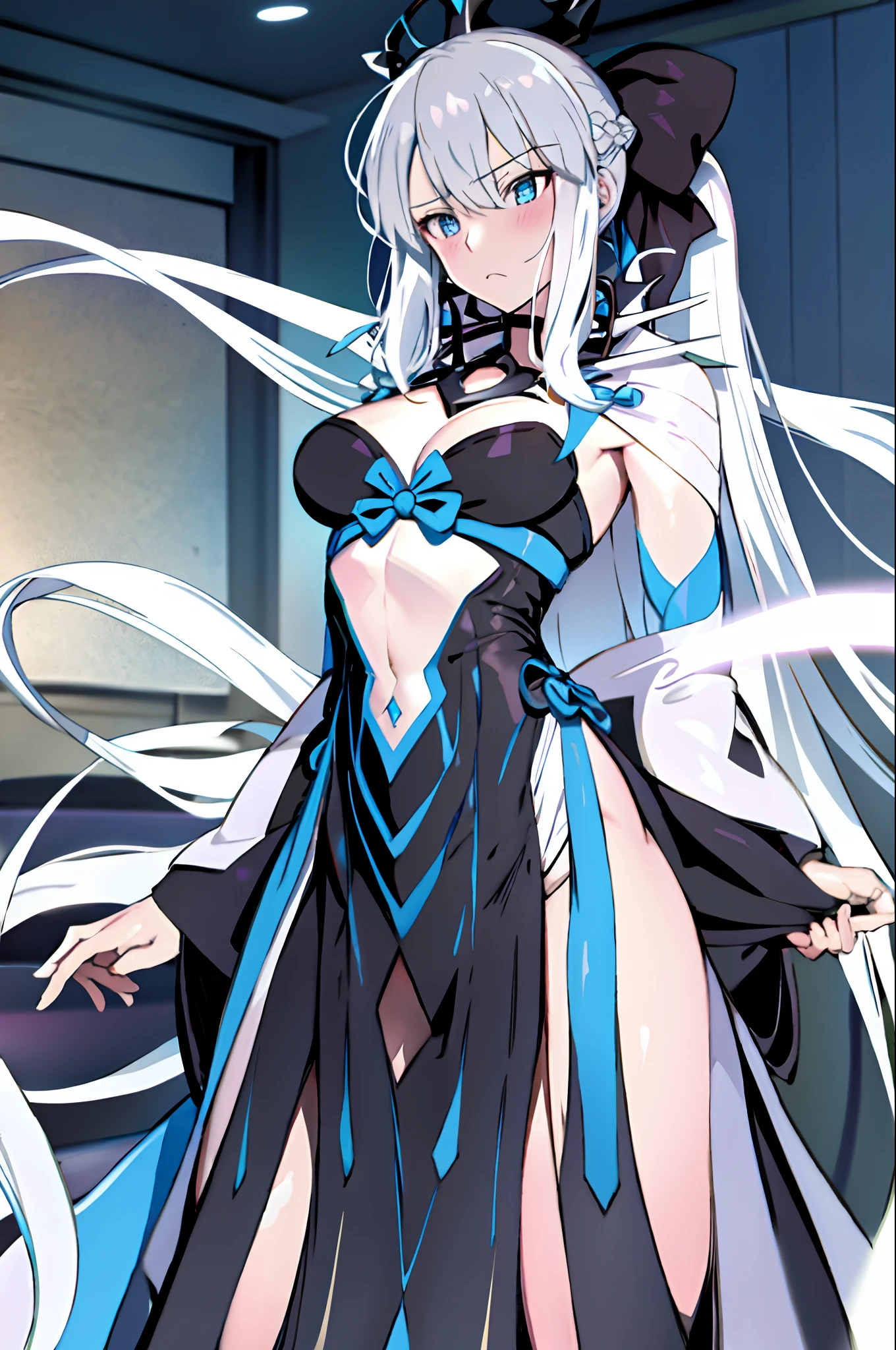 Masterpiece, Best quality,1girll, Breasts, Solo, Blue eyes, Morgan Le Fay (fate), Long hair, bow, view the viewer, Two-tone dresses, Hair accessories hair bye, pony tails, upper legs, Very long hair, dress, Black bow, Large breasts, Wide sleeves, Braid, Black dress, cleavage, bangs, Long sleeves,(kbxll:0.6)