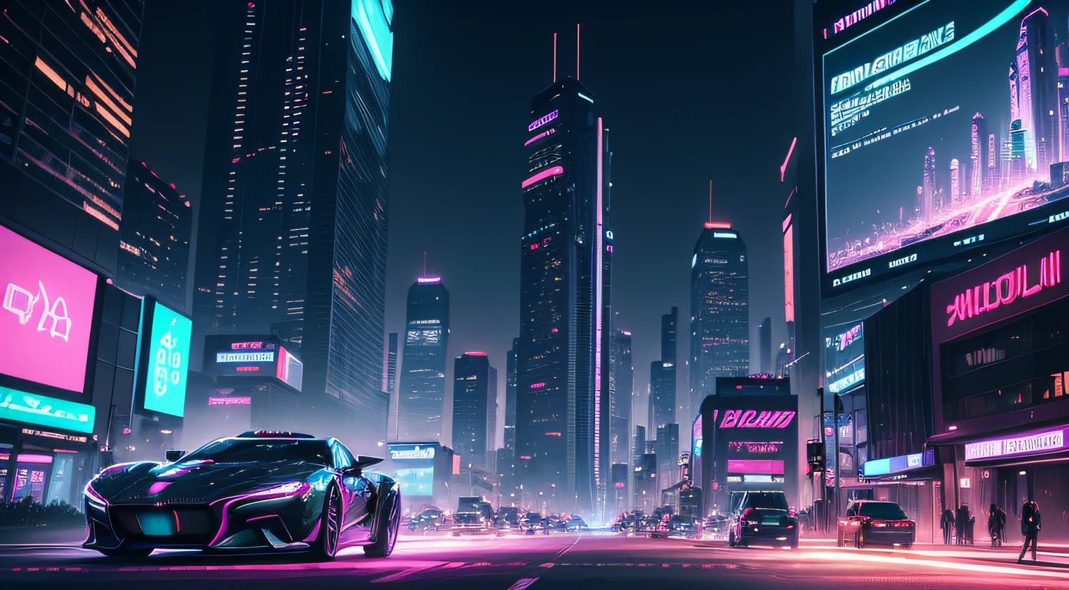 best quality,ultra-detailed,realistic,NEON FUTURE TOWN,vivid colors,night scene,cityscape,futuristic architecture,hovering vehicles,giant holographic billboards,pulsating neon lights,flying cars,glowing streets,high-rise buildings,chrome-plated structures,futuristic cars,reflective surfaces,advanced technology,urban landscape,aerial view,intense energy,fast-paced life,nightlife,skyline,motion blur,artificial intelligence,advanced transportation system,electric atmosphere,neon signs,glittering skyscrapers,sci-fi aesthetics,illumination,electric glow,high-tech city,sleek designs,energy beams,urban chaos,thriving metropolis,muted color palette,unusual perspectives,cyberpunk,imposing structures,advanced robotics,interactive holograms,metropolitan dreams,urban jungle,electricity in the air,futuristic vibes,technological marvels.