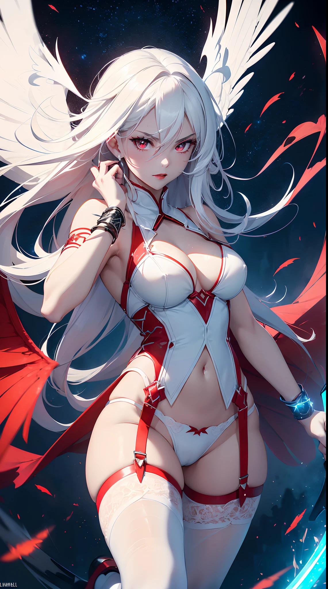 .20 year old young woman( Long white hair ),(bright red eyes)<=(eyes HD lighting) (has red lips), beautiful eyebrows (badass expression) both hands have red bracelets on the arms (wears clothes made of transparent white cloth) (sexy white underwear model Garter Belt ) (has 6 wings with a beautiful) (He wears gold bracelets on both feet) (sky setting at blue dark ) (there is an effect of bright red particles flying in the background, (flying) (pose during serious fighting) <=(lunging forward)giving an elegant and epic impression.dark atmosphere with bright particle light(many effects in background) blue lightning particel,Holding a death scythe.