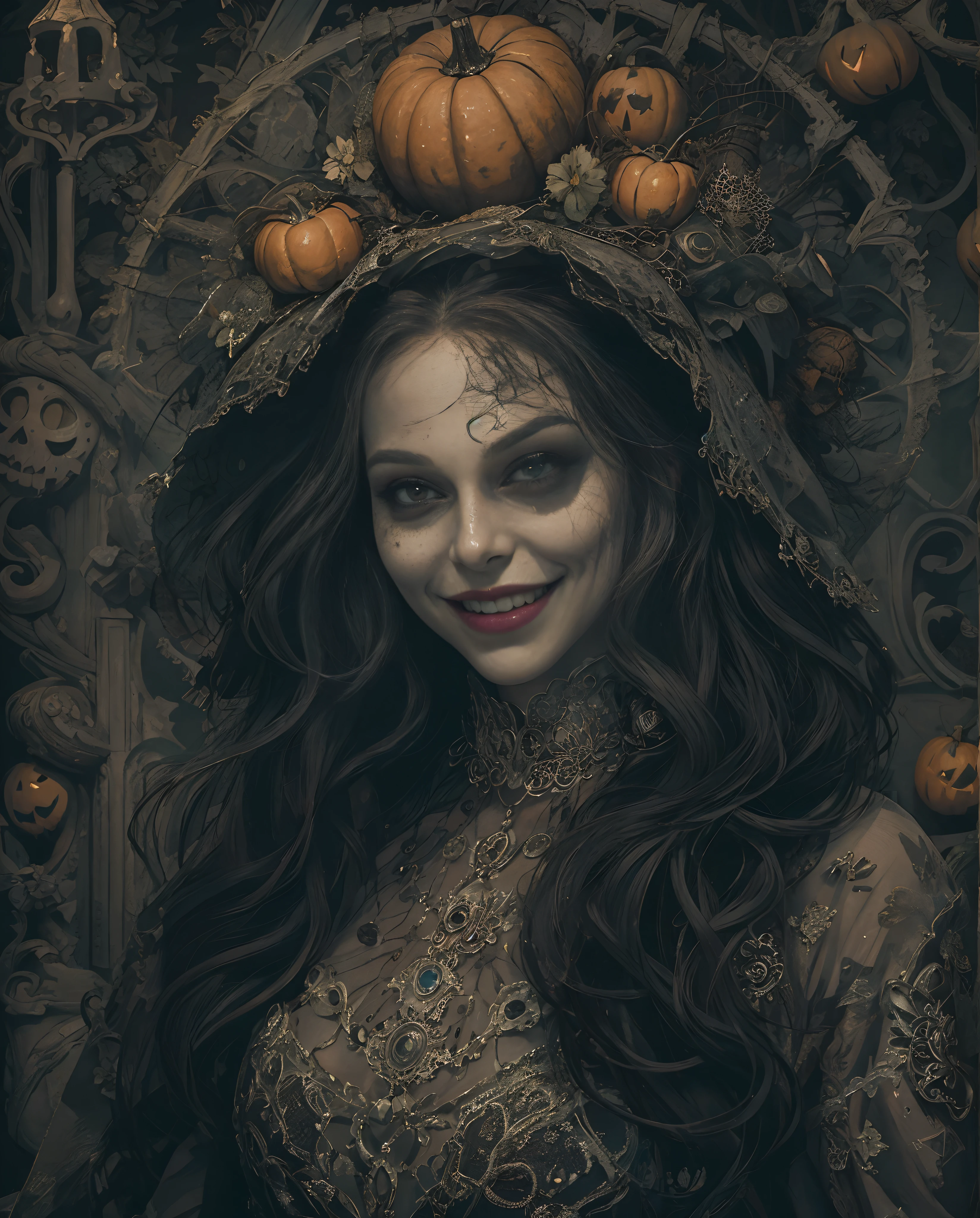 Best quality, masterpiece, meticulous details, intricate detail, a mystical hallowen lady with psycho smile expression, spooky vibes