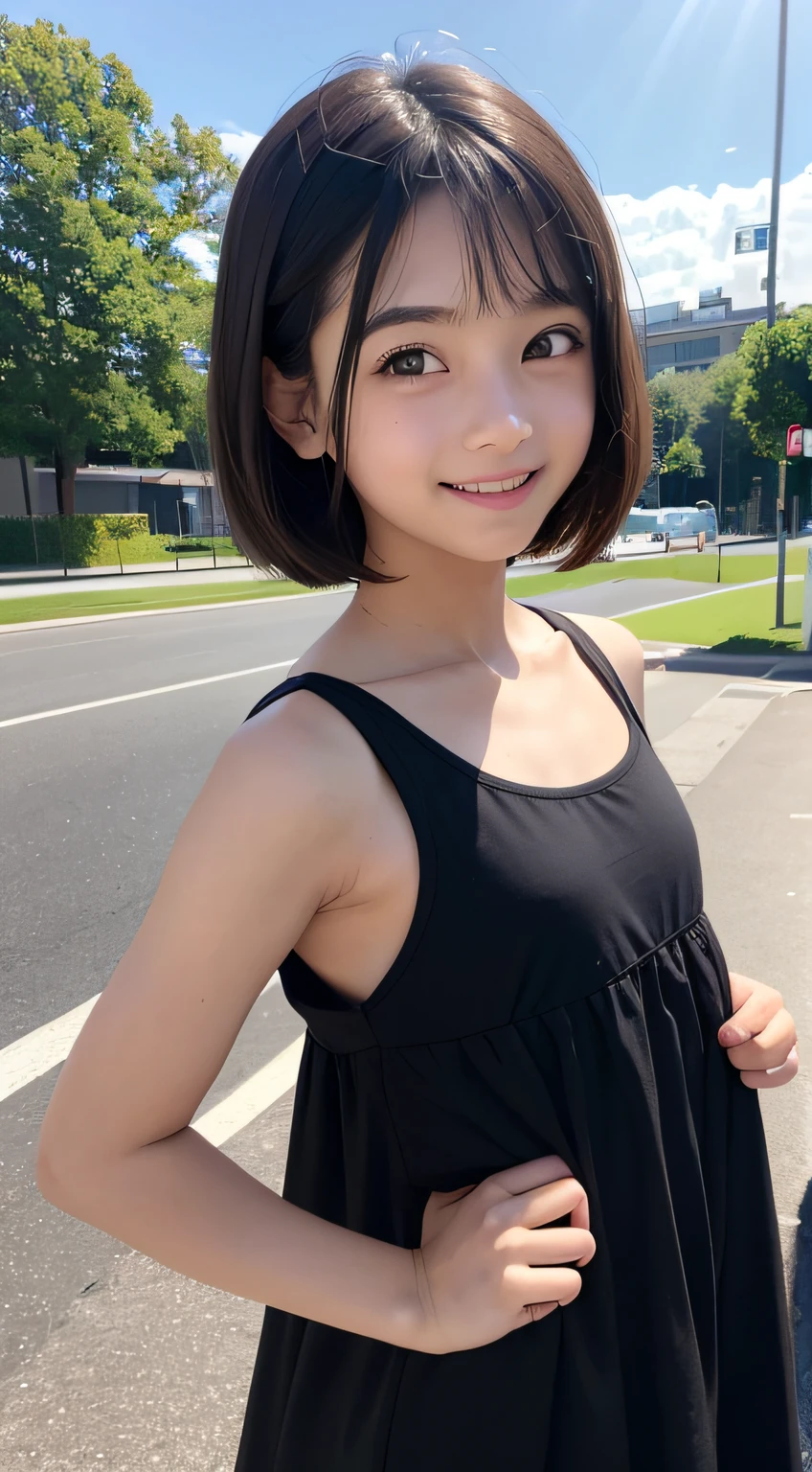 超A high resolution, Best Quality, Detailed face, AW photo high ,Facing up、adolable、 High nasal muscles、Smile,　small tits、 a park, Realistic face, ((A -yeld gi)、Smile,　a park, Low contrast, Soft cinematic light, Soft cinematic light, short-hair,　bobhair、 Funny face, Smile, Black hair, 12 year oFemale children))、Summer, MPiece,　 Simple dress, Dynamic Side ,Perfect 、detailed hairs, (1girl in )、looking at the viewers,Body in front