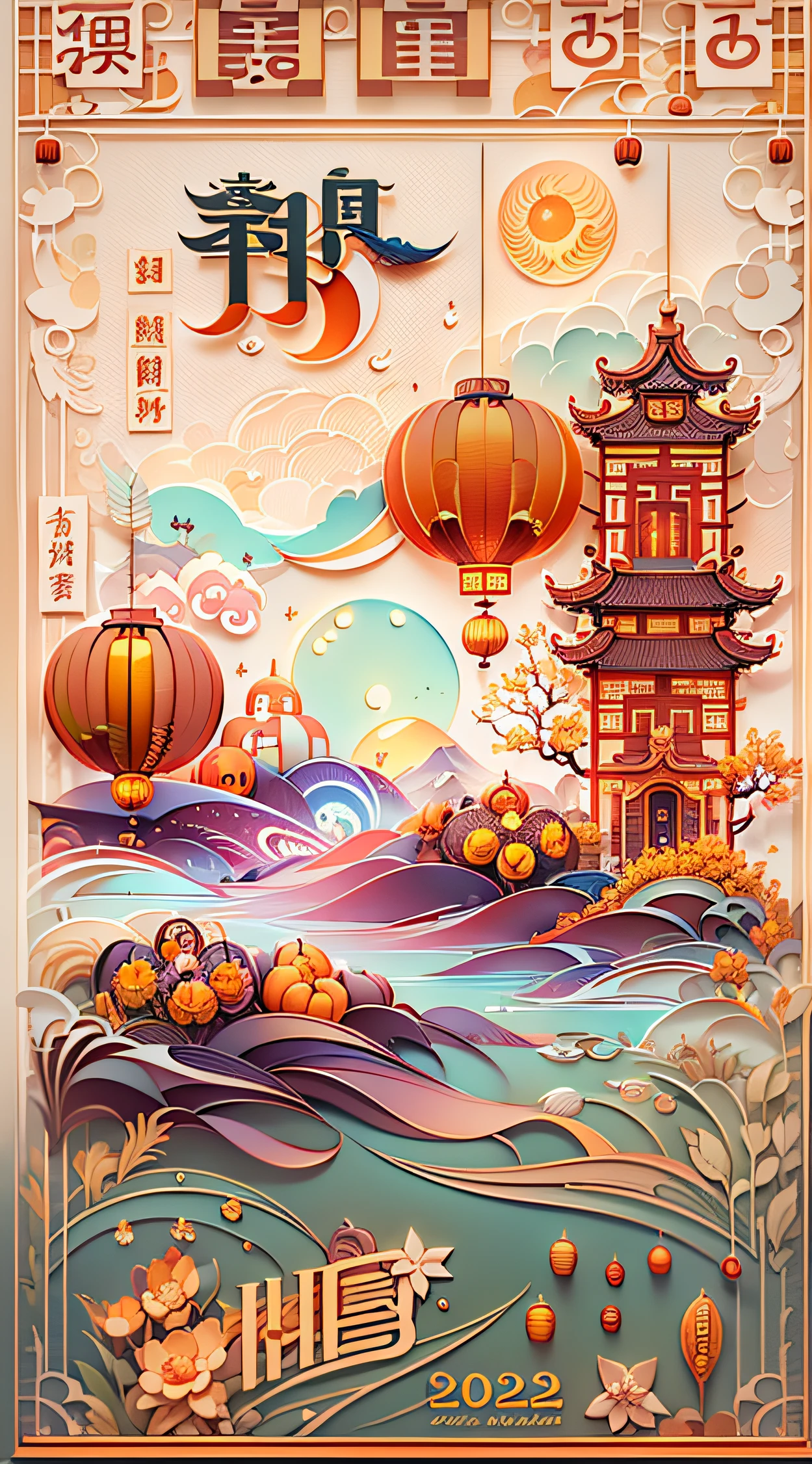 2023 Mid-Autumn Festival mobile phone poster,titles:Welcome National Day,He Zhongqiu,The design of the font should be artistic and modern,Add some representative artistic elements,Like the moon,Tiananmen,Red tones