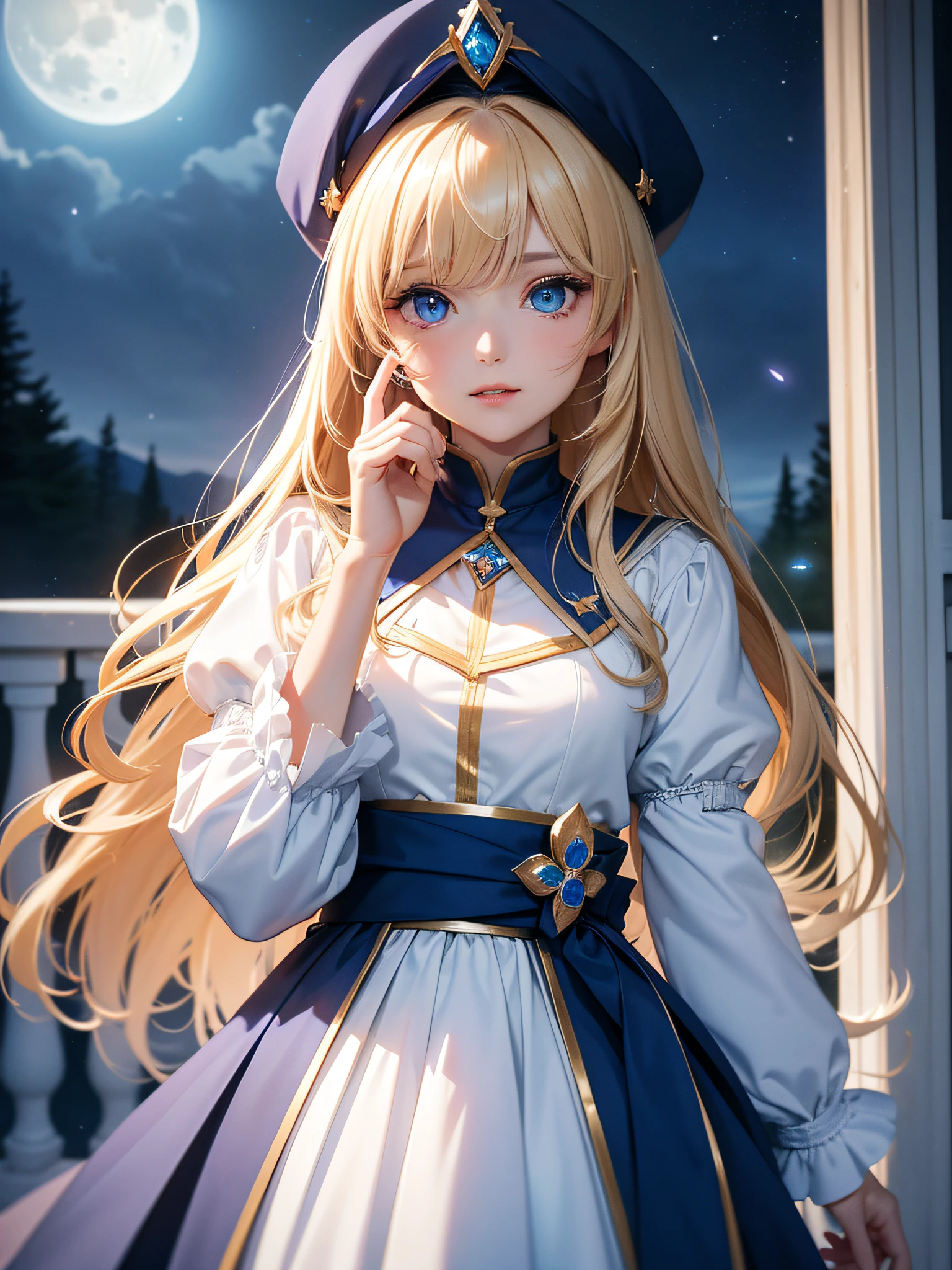 ​masterpiece、(top-quality:1.2)、(ultra-detailliert:1.2)、illustratio、full-body view、priestess, [Shining wand:1.10],Fortune Stuff、blondehair, ((beautifly、A detailed eye、Eyes Like Gems、Colorful eyes、radiant eyes:1.3))、Realistic portrayal, (Best Quality,8ＫImagen,High resolution:1.2), Long hair, hat,BREAK looking at viewer,Blake City,Blue and white robe,(extremely delicate and beautiful:1.2)、scinematic angle、floating、(beatiful detailed eyes:1.1)、(Detailed light:1.1)、Cinematic lighting、Beautifully detailed sky、femele、blue eyess、(High Ponytail:1.1)、(a moon:1.2)、(rays of moonlight:1.1)、starrysky、(Lighting Particles:1.1)、Foggy、Snow painting