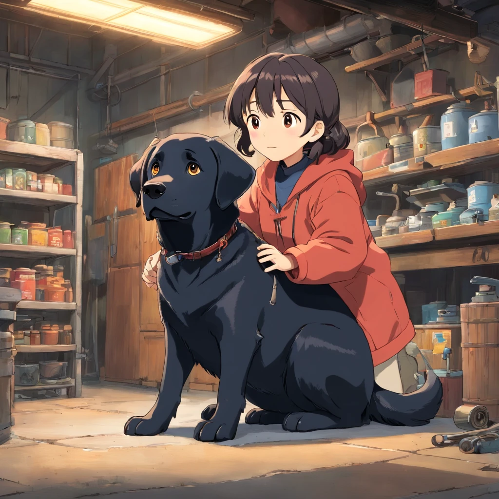 Illustration of a car repair shop, Girl sticking car clothes，The boy crouched on the car suit，The other holds up the jacket and carefully examines the translucent color of the garment, Everyone does different parts in the process of applying car packaging. One of the males has slightly darker skin. 4k，k hd。

There is a black Labrador watching。