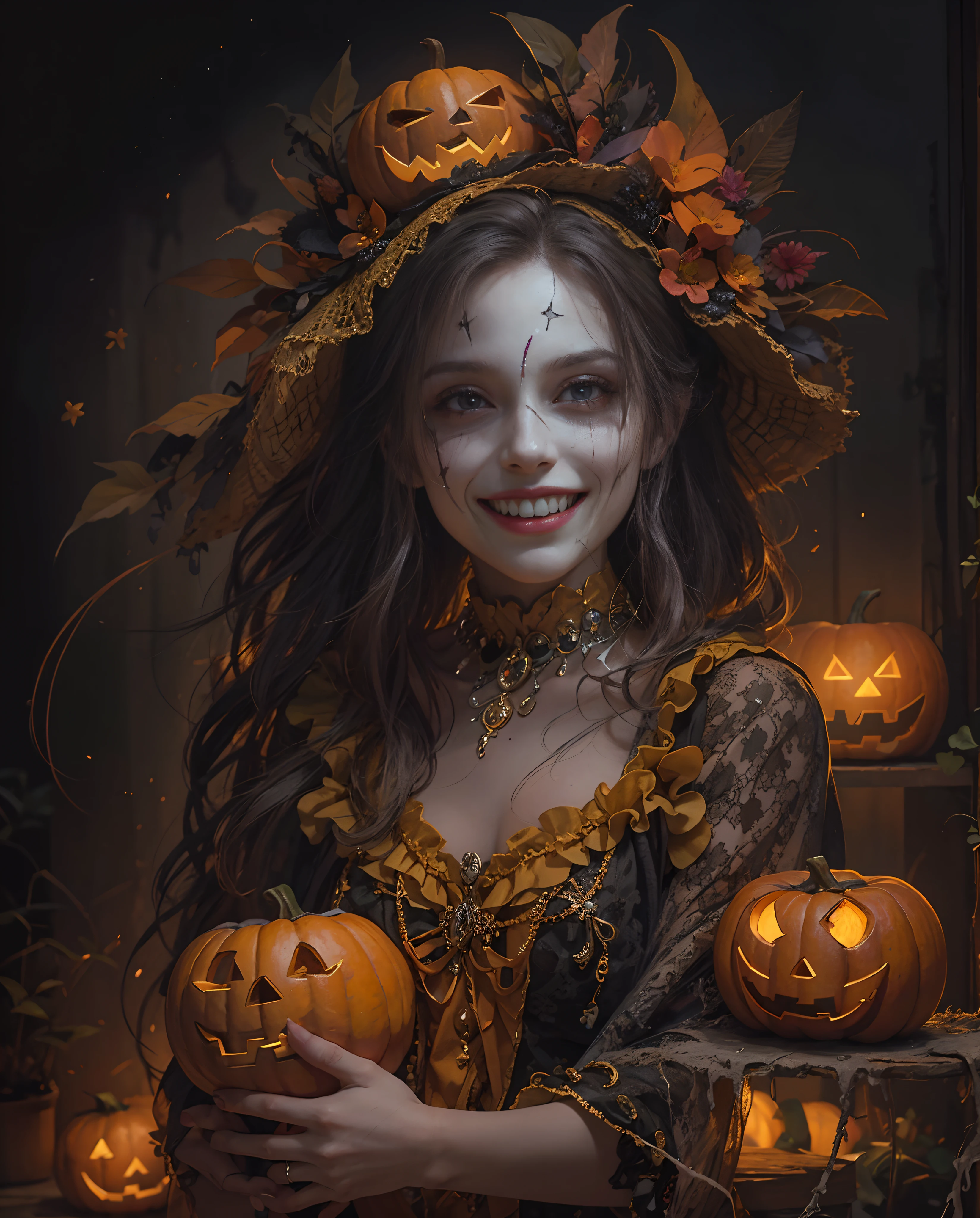 Best quality, masterpiece, meticulous details, intricate detail, realistic, a mystical hallowen lady with smile and cheerful expression, spooky vibes