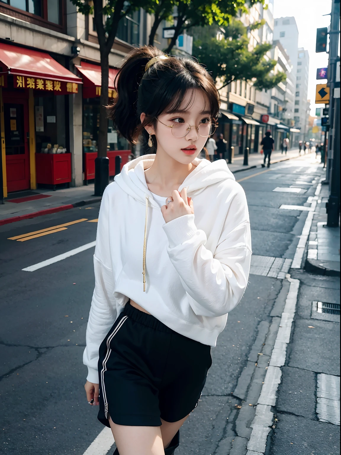 only 1girl, 175cm,korean kpop idol and model, 22 years old,soft body, close-up, 8k, RAW photo, best quality, masterpiece,realistic, photo-realistic,seductive,cute,A beautiful woman in a oversized black hoodie, short pants,tall white boots,gold frame vintage spectacles,Liuhai hairstyle,ponytail hairstyle , large earring ,( walking down the street)