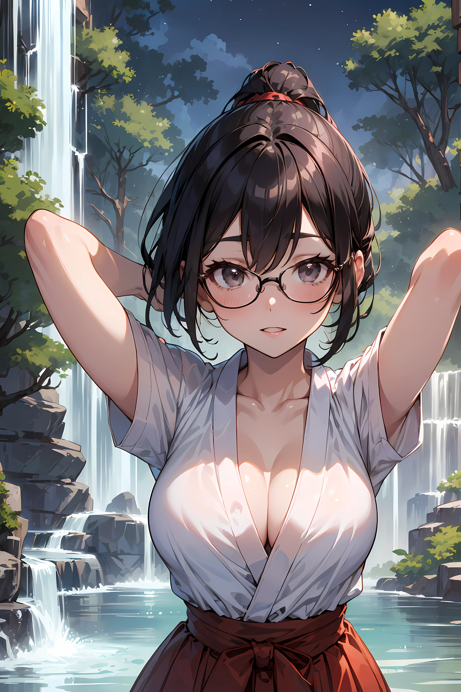 (Go inside the waterfall:1.3), (reaching out against the viewer:1.5),  high resolution, Photo of a beautiful woman detailed_face, young handsome girl,realistic:0.5, perfect skin, (wearing a glasses:1.5), from behind:1.5, (ultra-detailed background, detailed background), bokeh, make happy expressions, happy emotion, gorgeous,pure, beautyfull detailed face and eyes,breasts, (black eyes:1.1), (a extremely pretty and beautiful Japanese woman), (sexy girl), (professional attire:1.3), (22 years old: 1.1), BREAK, (lovely outfit:1.2), (detailed miko outfit:1.2), (white dogi:1.2), (red hakama:1.2))), cleavage, beautiful detailed skin, (cute:1.2), (black hair), ((jpop idol)), (upper thigh:0.6), (depth of field),soft light, Lens Glow looking at viewer, (Drooping eyes:1.2), straight teeth,smile, floating hair, (black hair:1.2), brown eyes BREAK movie scene, cinematic, full colors, 4k, 8k, 16k, RAW photo, masterpiece, professionally color graded, professional photography, high school girl, hair up, , soft clean focus, realistic lighting and shading, (an extremely delicate and beautiful art)1.3, elegant,active angle,dynamism pose BREAK (ponytail:1.3), (shiny-black thin hair:1.2), bangs, dark brown eyes, beautiful eyes, princess eyes, (big eyes:1.3), bangs, wearing a glasses:1.3, Hair between eyes, short hair:1.3, (slender:1.1), (medium-breasts:0.95), (thin waist: 1.15), (detailed beautiful girl: 1.4), Parted lips, Red lips, full-make-up face, (shiny skin), ((Perfect Female Body)), (upper body image:1.3), Perfect Anatomy, Perfect Proportions, (most beautiful Korean actress face:1.3, extremely cute and beautiful Japanese actress face:1.3), ,(1glasses girl:1.3, solo), ,(blush:1.1), gray background, solo focus, (bust shot:1.2), cinematic light, (nostalgic night scene:1.4), (waterfall:1.4), (moon light:1.3), (arms down:1.4), (looking at viewer:1.2), (in water:1.3), (under waterfall:1.3),