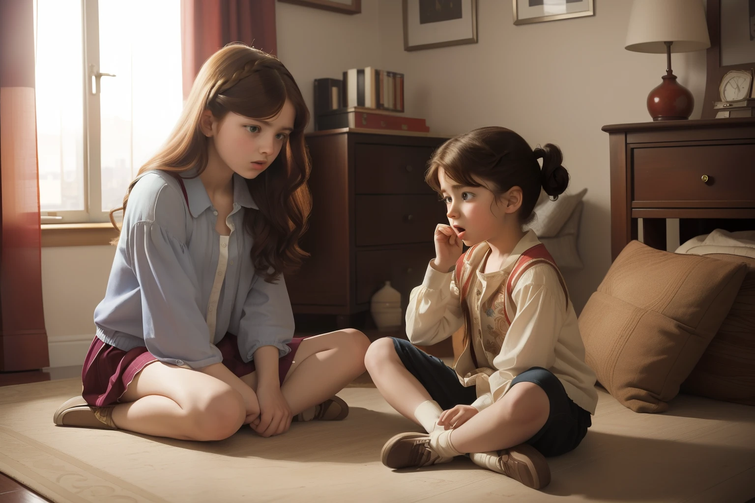 Year: 2012. Location: North River Heights, Manhattan. pre-raphaelite -yeld teand her little brother, sifighting, arguing, screaming, ((((2010s clothes)))) ((2010s hairstyle)) ((in the style of "OMITB")) ((cinematic style))