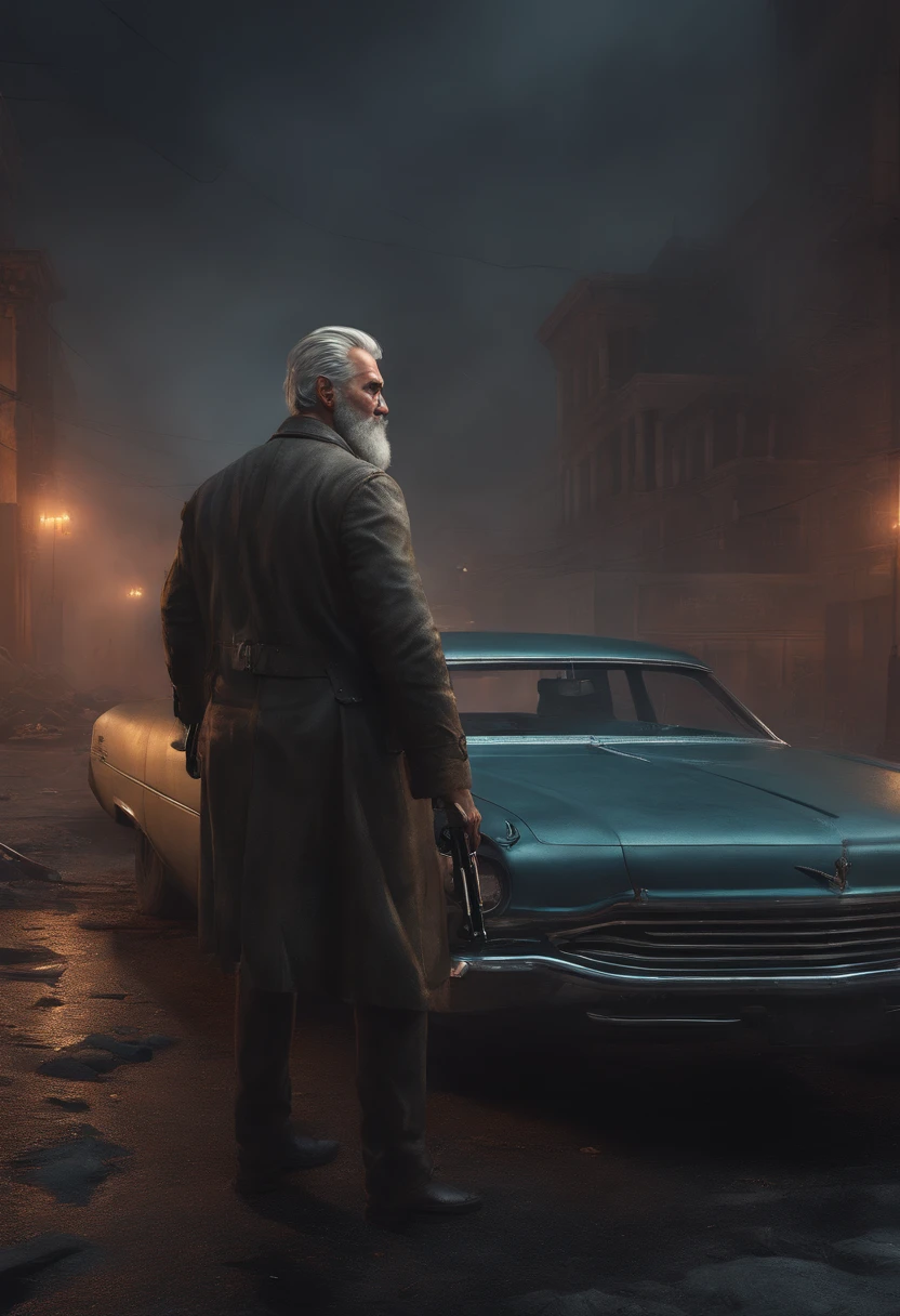 (8k, RAW Photo, Highest quality), realistic, 1 Mature Man, muscular body, with arm tattoo, gray hair and business style, torn blouse, handsome face, square chin and close beard, , Detailed eyes, clear facial features, with some details of blood on his clothes and face, holding a pistol,
spooky atmosphere,Night,Cinematic lighting,decadent cityscape, shadowy skies, illustrated by Simon Stlenhag, Daniel Dociu, stylized realism, retrofuturistic, urban decay, cinematic, dramatic, high saturation, futuristic, ruined, zombies in the background coming at him ,apocalyptic scenario with some living dead on the ground
