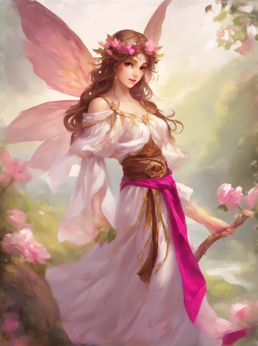 fairy, Wearing Cupid's Robe, white with brown and gold belt and fuchsia sleeves, beautiful, masterpiece, best quality