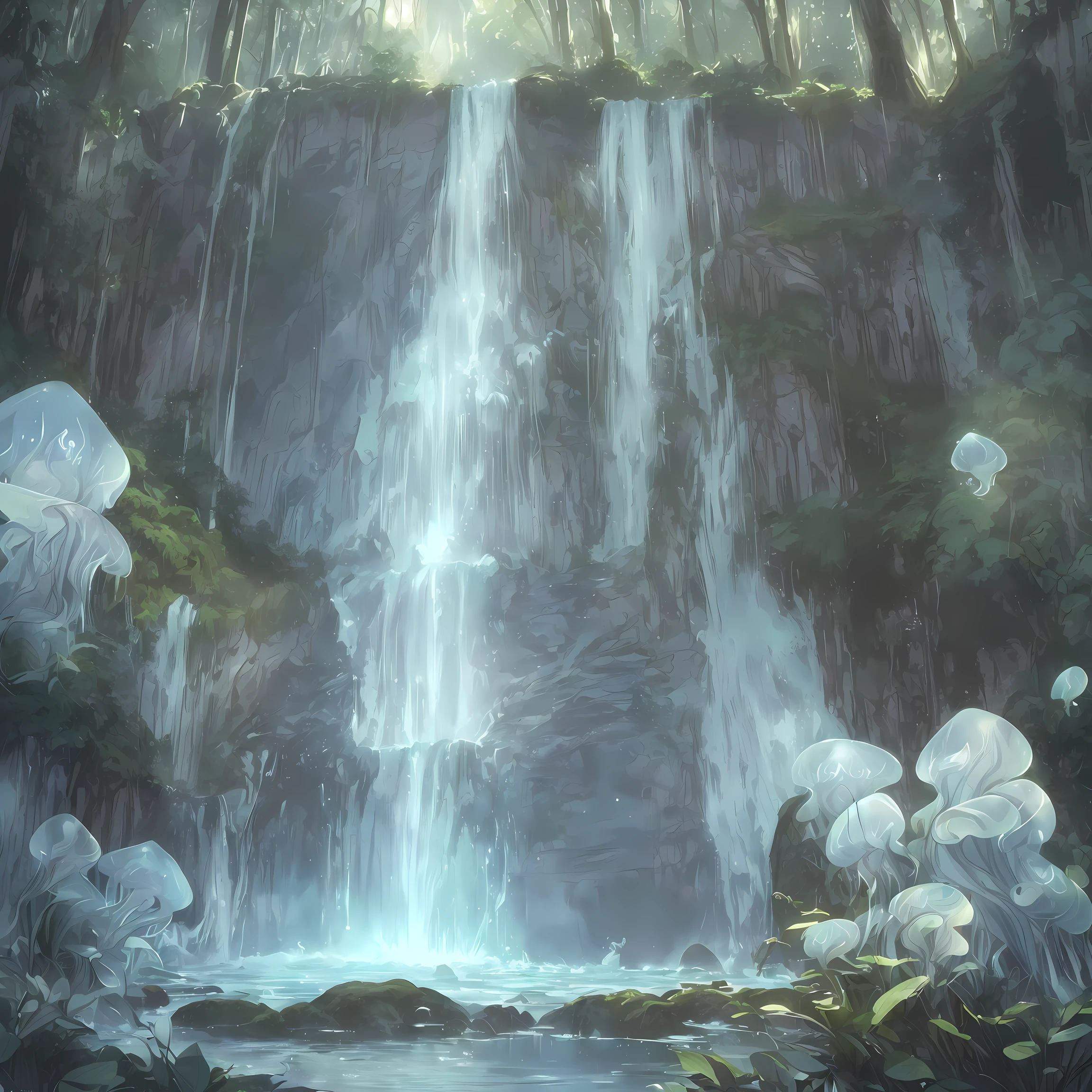 masterpiece, 32k, unity 8k wallpaper, ultra detailed, ultra realistic, bubble, masterpiece, best quality, Elven Forest、Fantastic forest、Foggy forest、(((A sacred waterfall tinged with magical powers:1.5), large waterfall、Thick waterfall、Elven forest waterfalls like Niagara Falls、Fantastic atmosphere、(splach playing lots of fluorescence Jelly fish background:1.3),