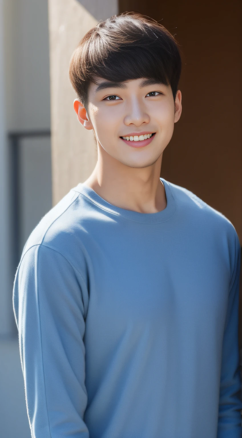 ((Top  Quality, 8K, ​masterpiece: 1.3)), Cool Korea Man, １Man with a, 20yo, Well-formed face, Ultra-fine face, Handsome nose, detailed eyes and face, beautiful  lighting, (studio), Hight Resolution,（looking looking at viewer), detailed mouth, Sorrisos, s whole body: 1.5, perfect body figure: 1.3, Photo of two arms, Casual outfit:1.5