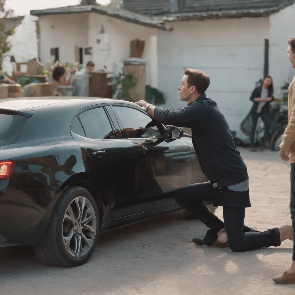 There was a black Labrador watching the young woman putting on a car suit。The young man crouched on the car,Another young man held up his jacket and carefully examined the translucent color, Everyone does different parts in the process of applying car packaging. One of the males has slightly darker skin. The background is a car repair shop。4k,k hd。