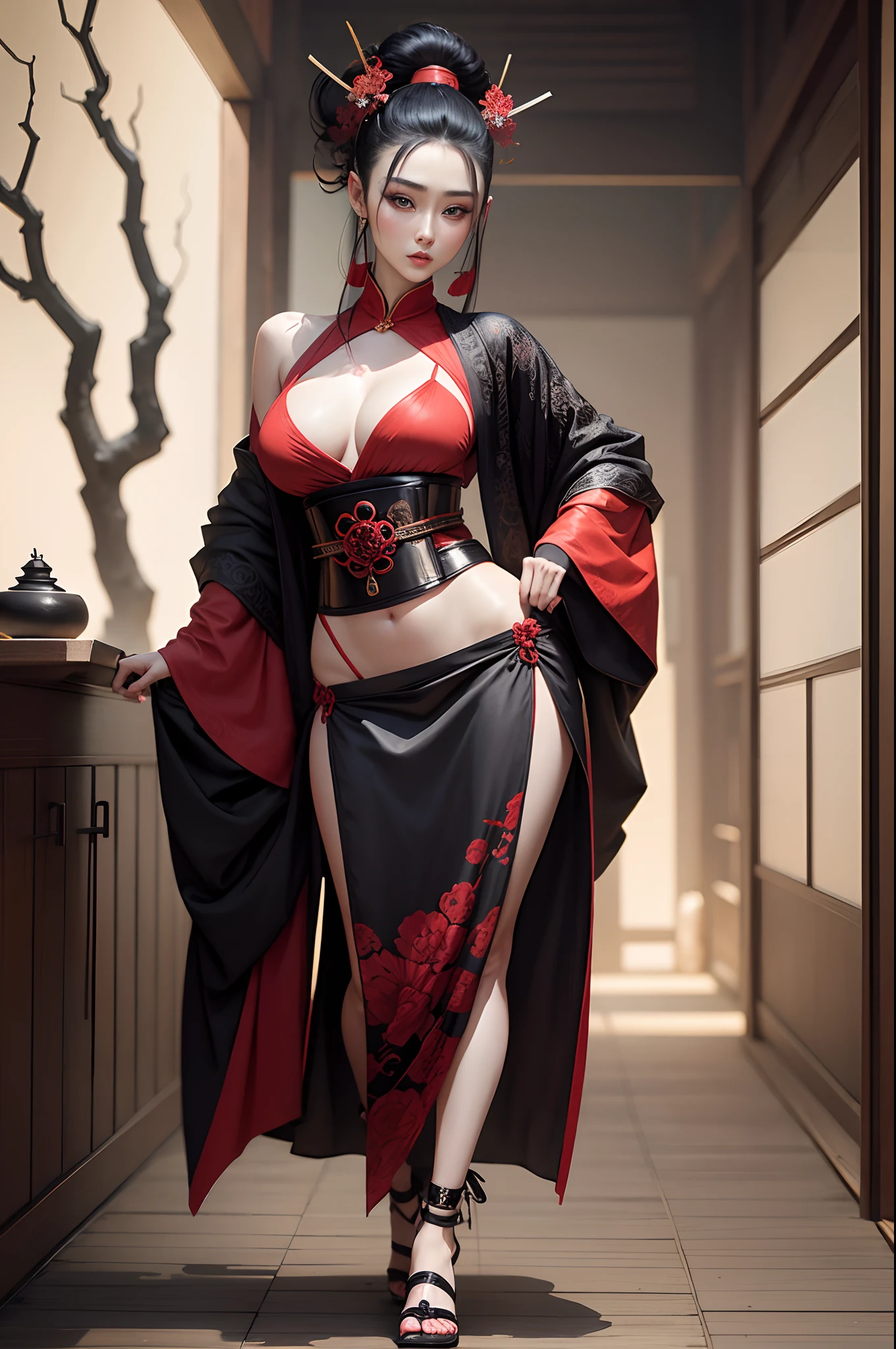 Fan Bingbing shirtless in a dynamic outfit in the style of Japanese samurai. Accentuate the combination of traditional and modern elements in her outfit, with attention to intricate stocking patterns and avant-garde wedge shoes.