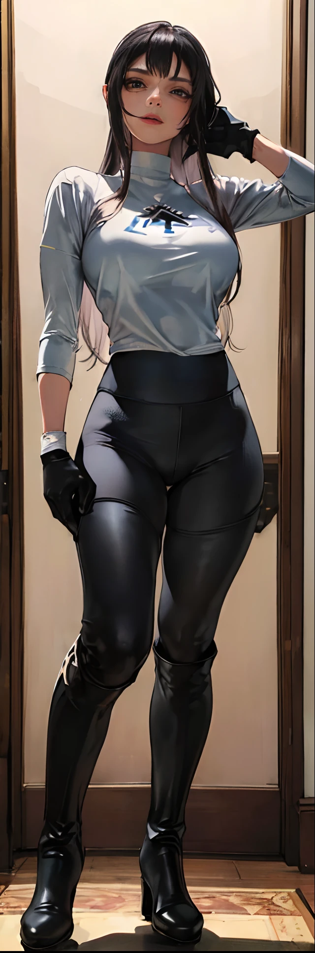 (highest resolution, distinct_image) best quality, a woman, solo, masterpiece, highly detailed, semi realistic, black cropped, black hair, bangs, 18 years old, mature, young, tall strong, uniform, military uniform,indoor background, cold, serious, tall, handsome, autocratic, powerful, exquisite facial features, exquisite facial features, (full body)(black knee-high boots:1.4)(dominatrix:0.3)(white Yoga pants:1.3),(gloves:1.5)(long sleeves),(active sportswear shirt),(princess Zelda),solo,1girl,(looking at viewer),(from below:0.8)(head turned upwards:0.3)(smiling:0.4)