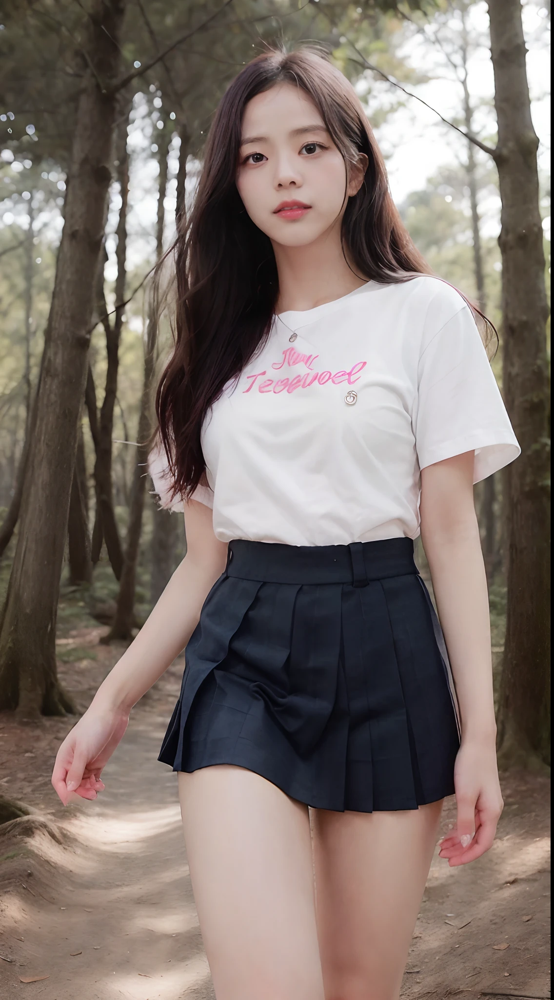 ((Jisoo from Blackpink)), white t-shirt, tiny blue pleated skirt, pink panties, black tights to the waist, black high heels, close-up from thighs to face, shot from below, very fair skin, very long hair, wavy hair, camp, Forest, photorealistic, Indirect lighting, volumetric light, ray tracing, hyper-detailed, best quality, very high resolution, HDR, 8k