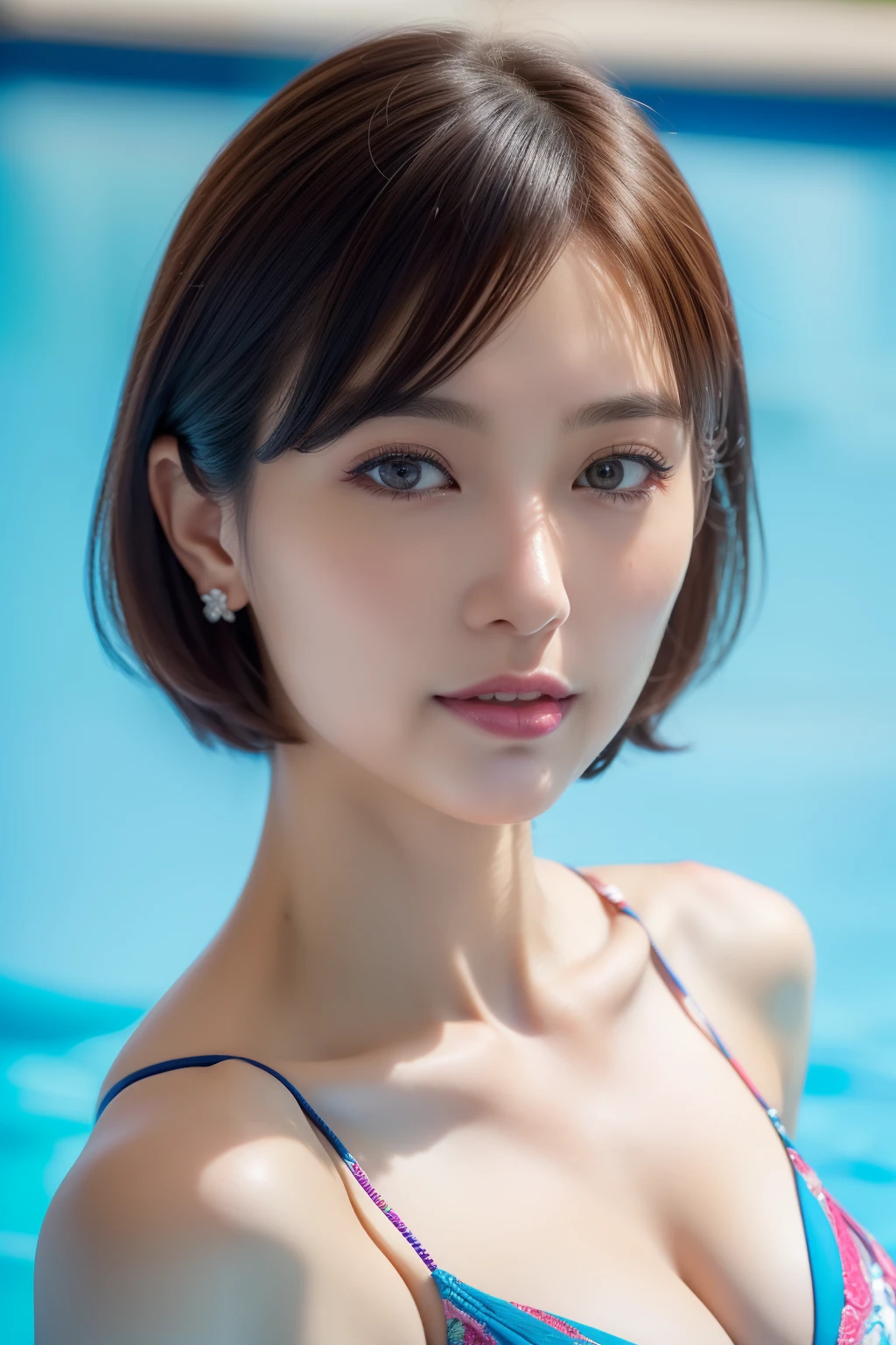 (best qualtiy,4K:1.3),hyper realisitic,(Colossal tits: 1.2), Cheerful woman ,1Man Woman, short-hair, selfee, poolparty,Detailed eyes,二重まぶた,Sensual dress with low collar,hanging breasted,Super Detailed Face,Detailed lips