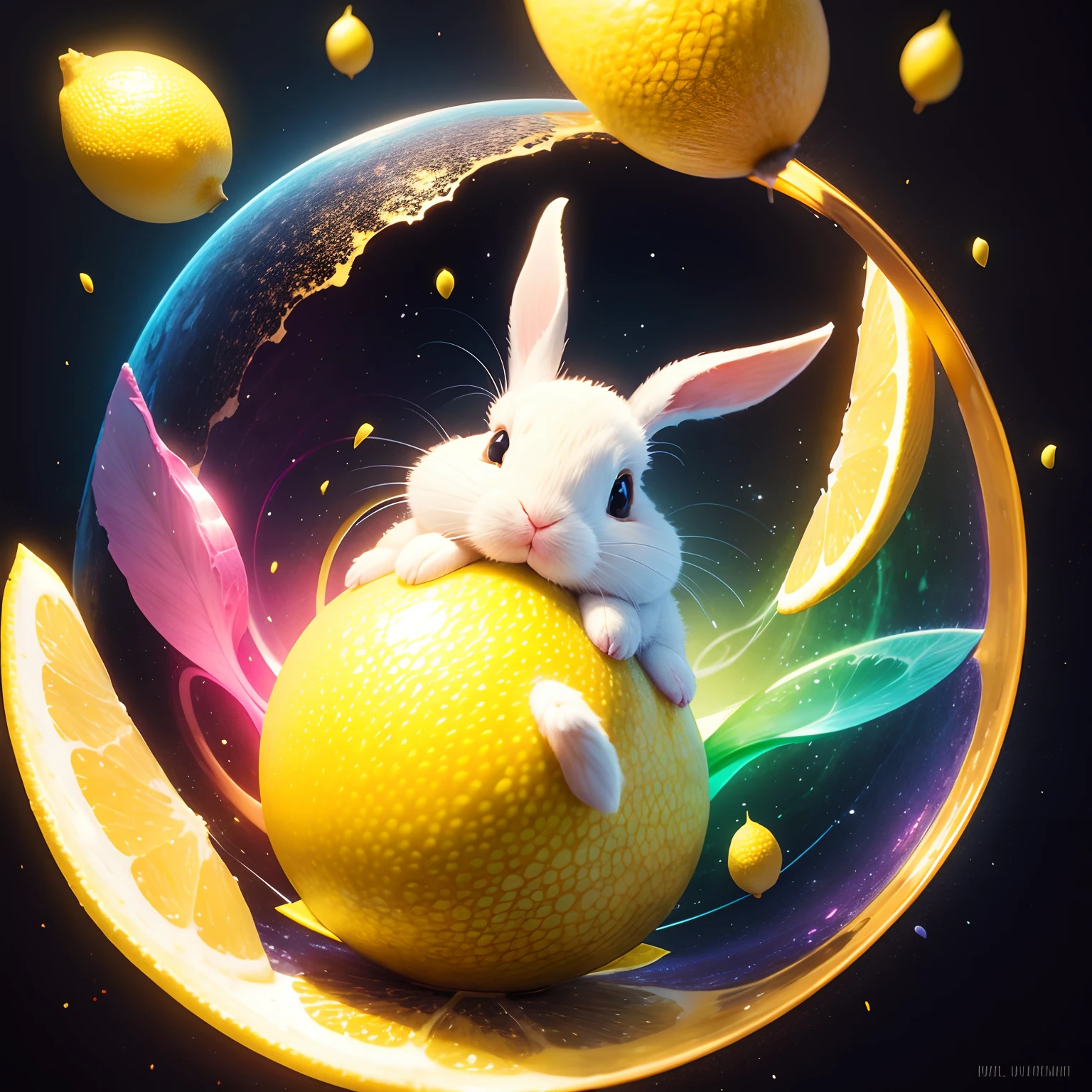 bunny rabbit Floating lemon Colorful Universe