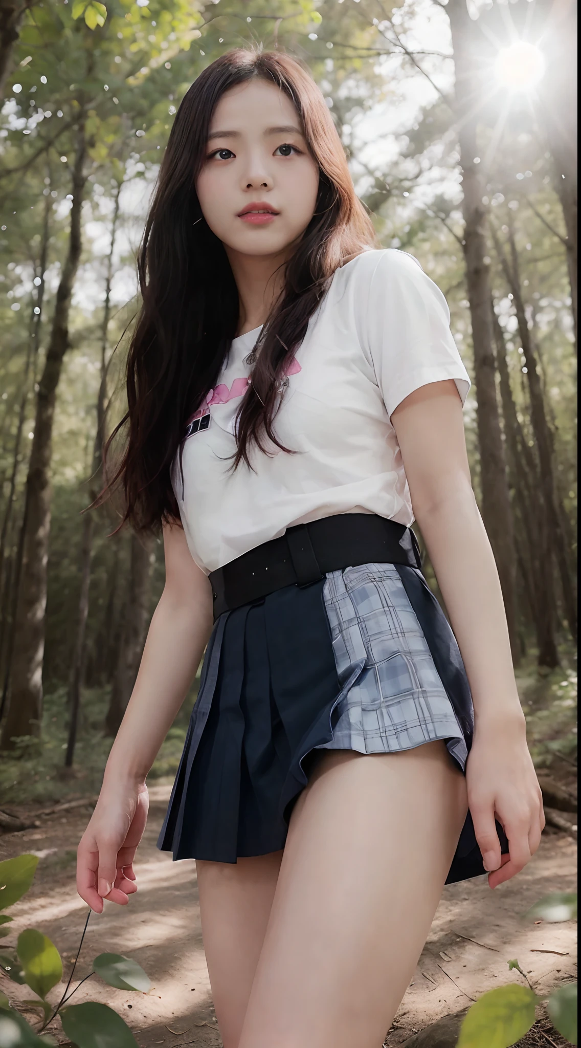 ((Jisoo from Blackpink)), white t-shirt, tiny blue pleated skirt, pink panties, black tights to the waist, black high heels, close-up from thighs to face, shot from below, very fair skin, very long hair, wavy hair, camp, Forest, photorealistic, Indirect lighting, volumetric light, ray tracing, hyper-detailed, best quality, very high resolution, HDR, 8k