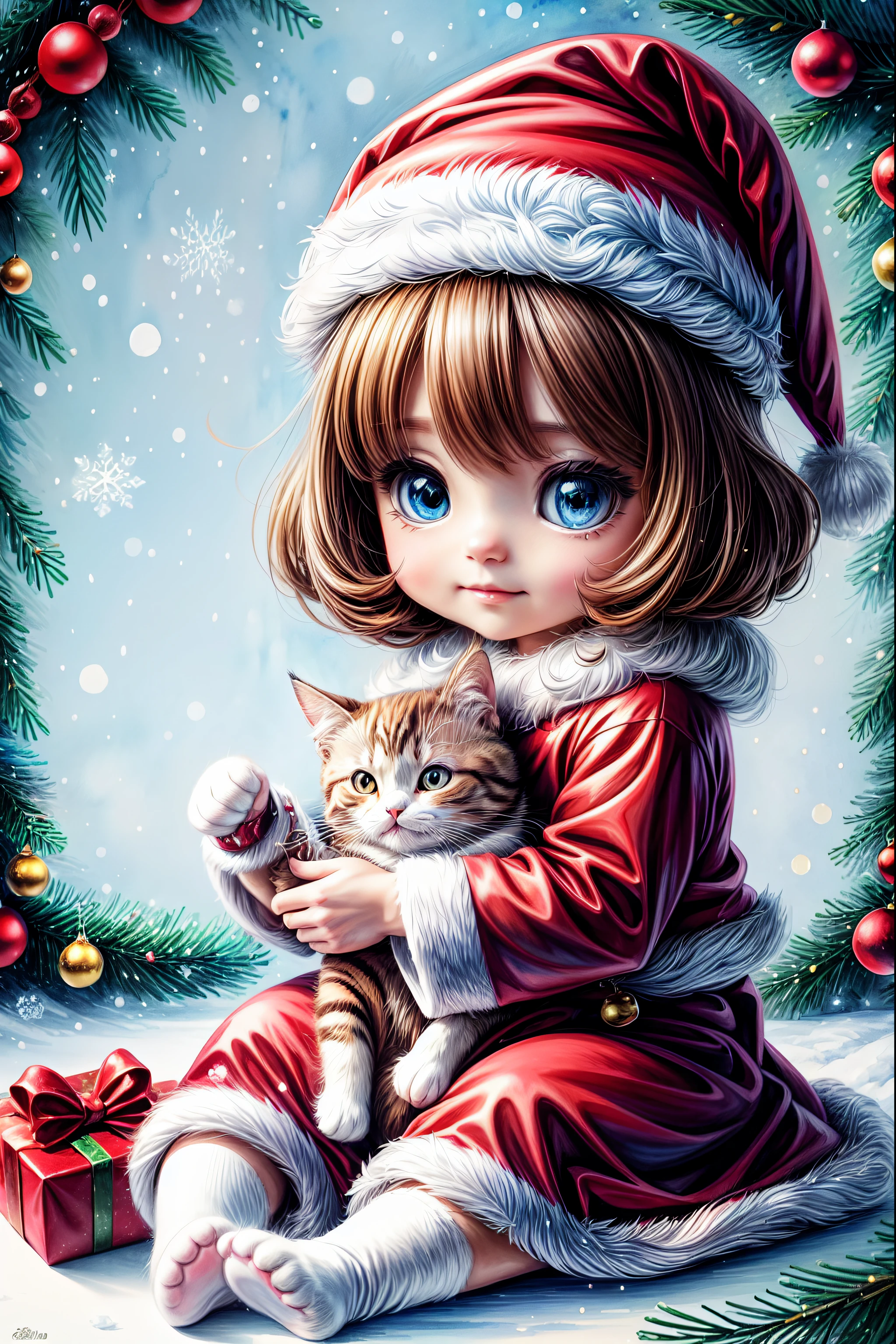 kawai chibi cat in Santa Claus hat, sitting, detailed beautiful eyes, Christmas theme style, centered, complete, character illustration, intricate details ultra high quality, award winning painting 8k extremely high definition, hand painted, watercolor painting, broad strokes, colorful, high shine, high res, greeting card style, white background