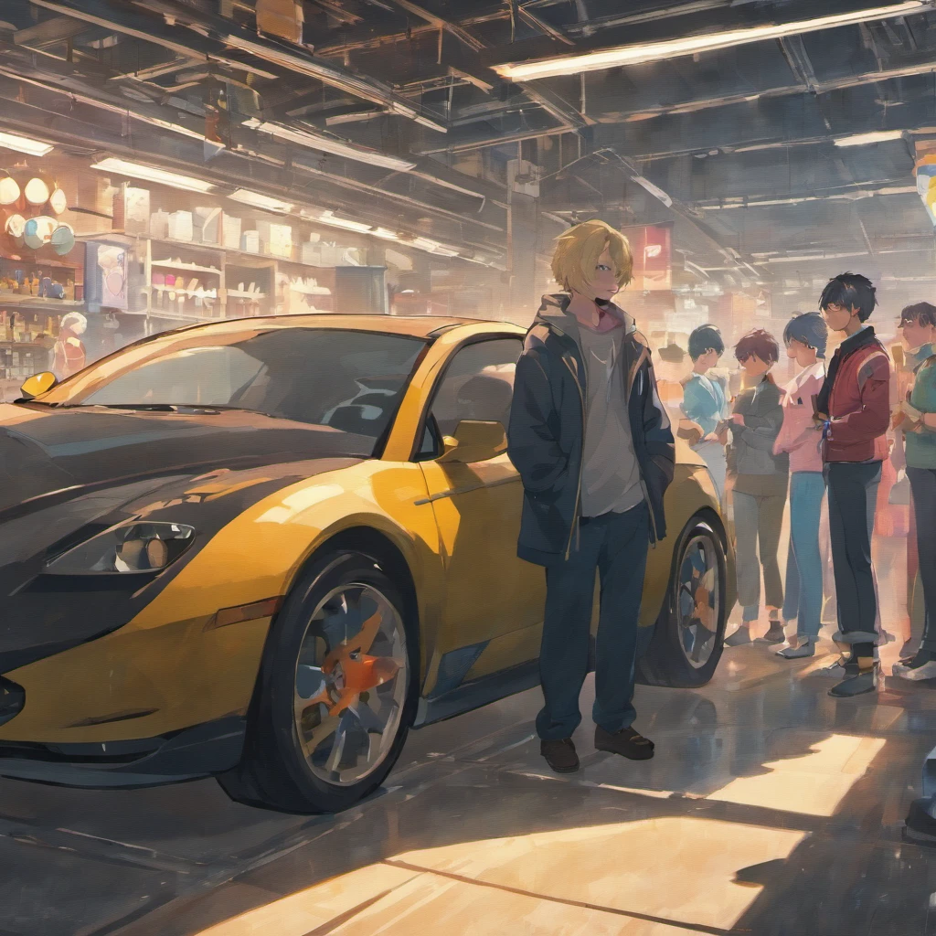 There was a black Labrador watching three youths sticking their car clothes。Two men and one woman。Everyone does different parts in the process of applying car packaging. One of the males has slightly darker skin. The background is a car repair shop。4k，k hd。