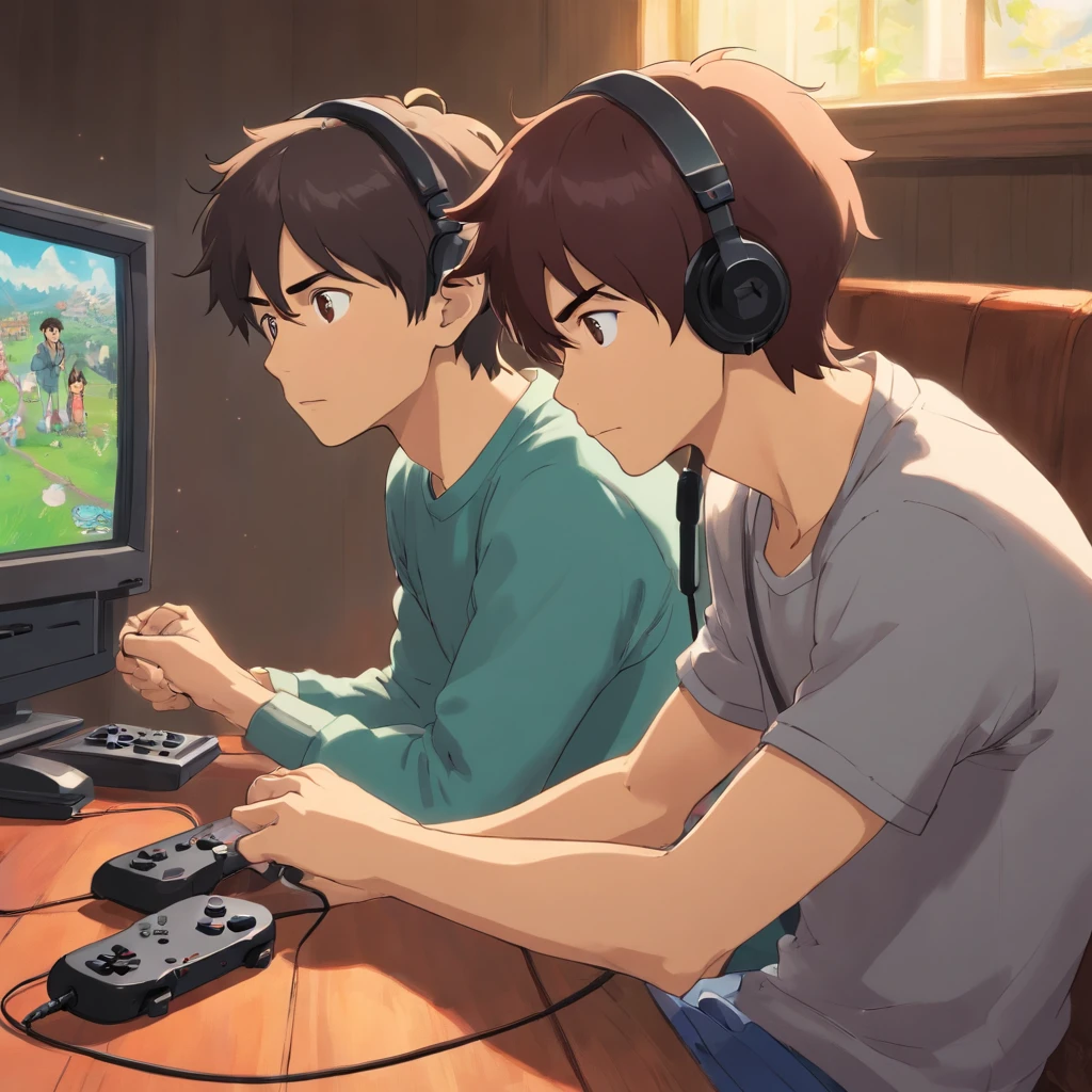Two men playing video games together,Bring headphones,Hold the handle,One of the men had slightly darker skin. 4K,k hd。
There is a black Labrador watching。