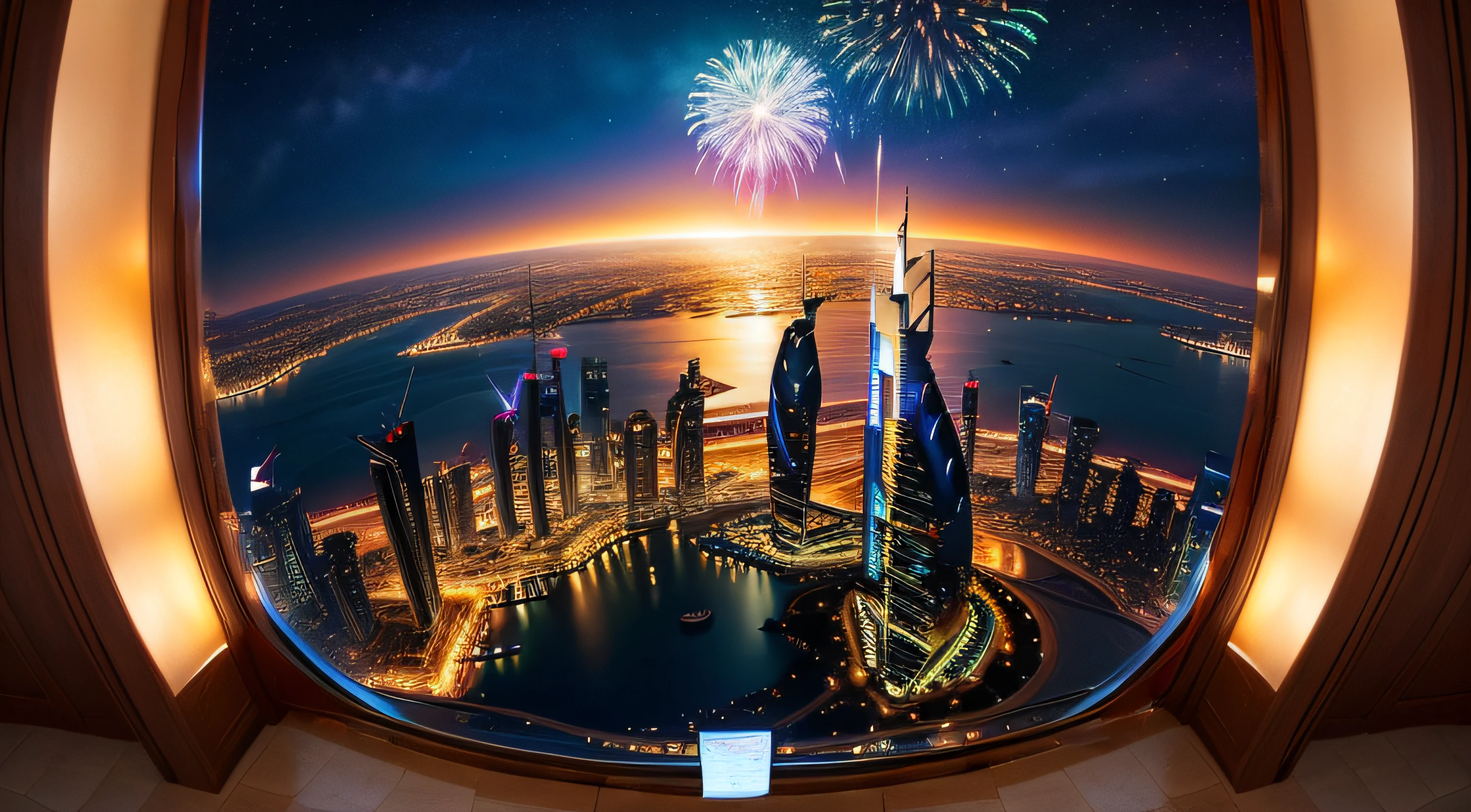 create a luxurious casino room with night view of the Dubai city through glass, Dubai night city with firework