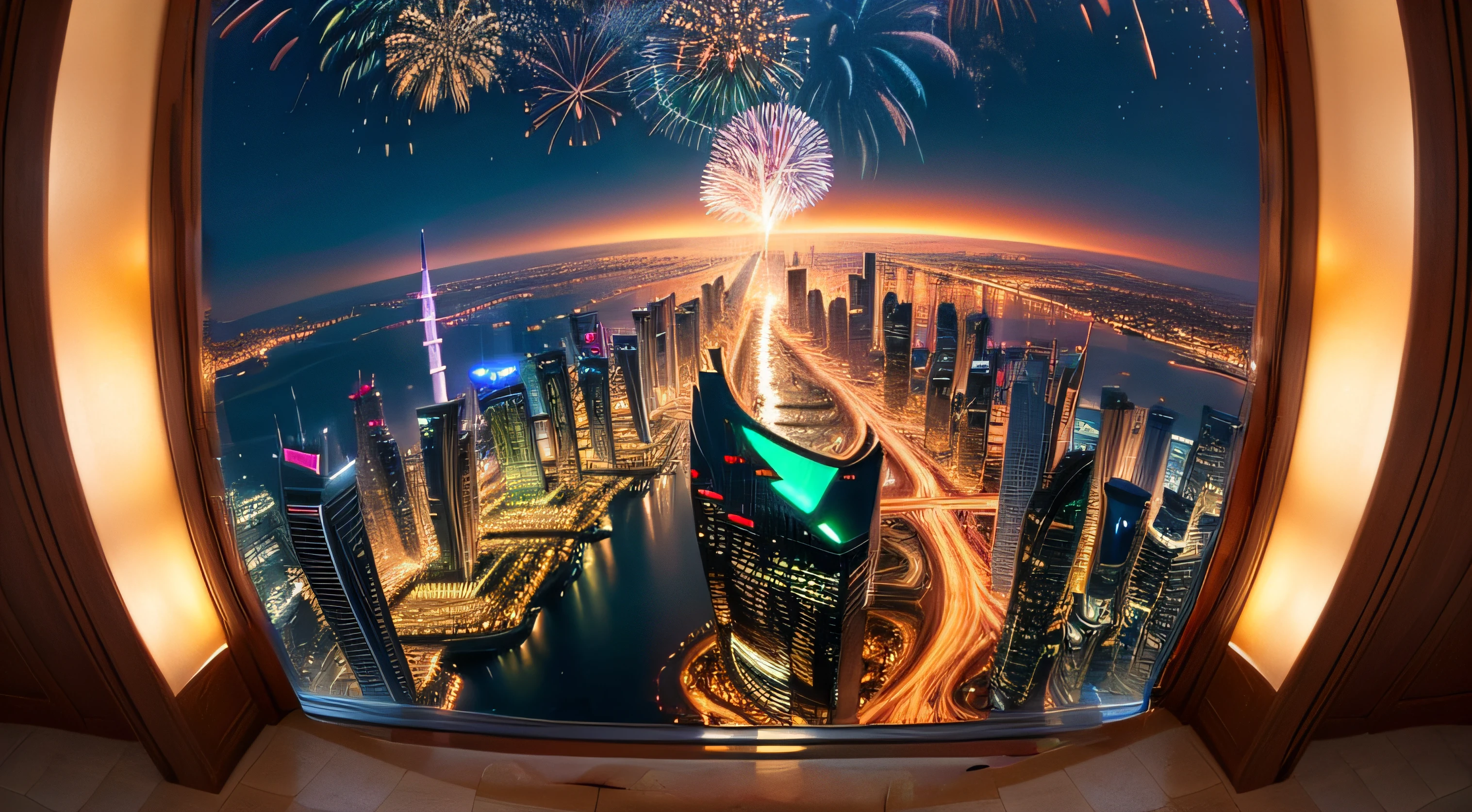 create a luxurious casino room with night view of the Dubai city through glass, Dubai night city with firework