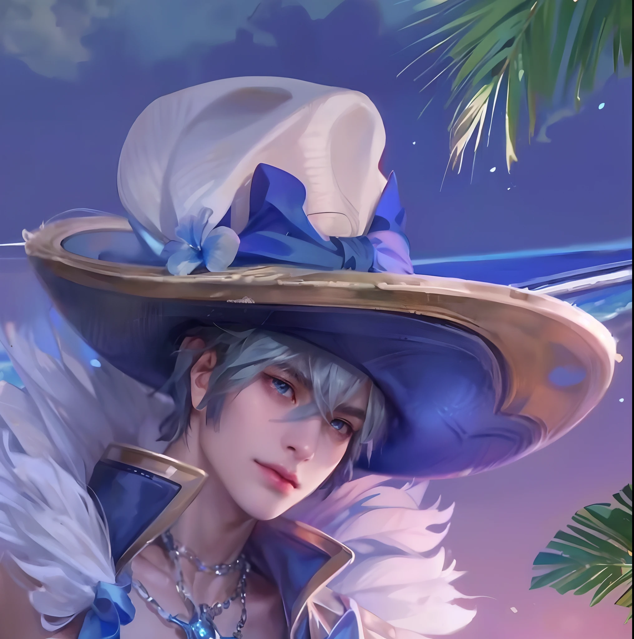 8K, Best Quality, Masterpiece, Ultra High Resolution, (Realistic: 1.4), Original Image, (Realistic Skin Texture: 1.3), (Film Grain: 1.3), (Selfie Angle), ( 1 boy), (Short hair), (Wearing Fedora hat), Beautiful eyes and facial details, Masterpiece, Best quality, Close up, Toned body, Perfect muscles, Exposed chest muscles, Six-pack body, Natural skin, Hairless, Shirtless, Transparent white underwear, (Boy standing, (Summer, Beach, Trees, Coconut trees, Flowers, Blue sky, White clouds, Sunshine )