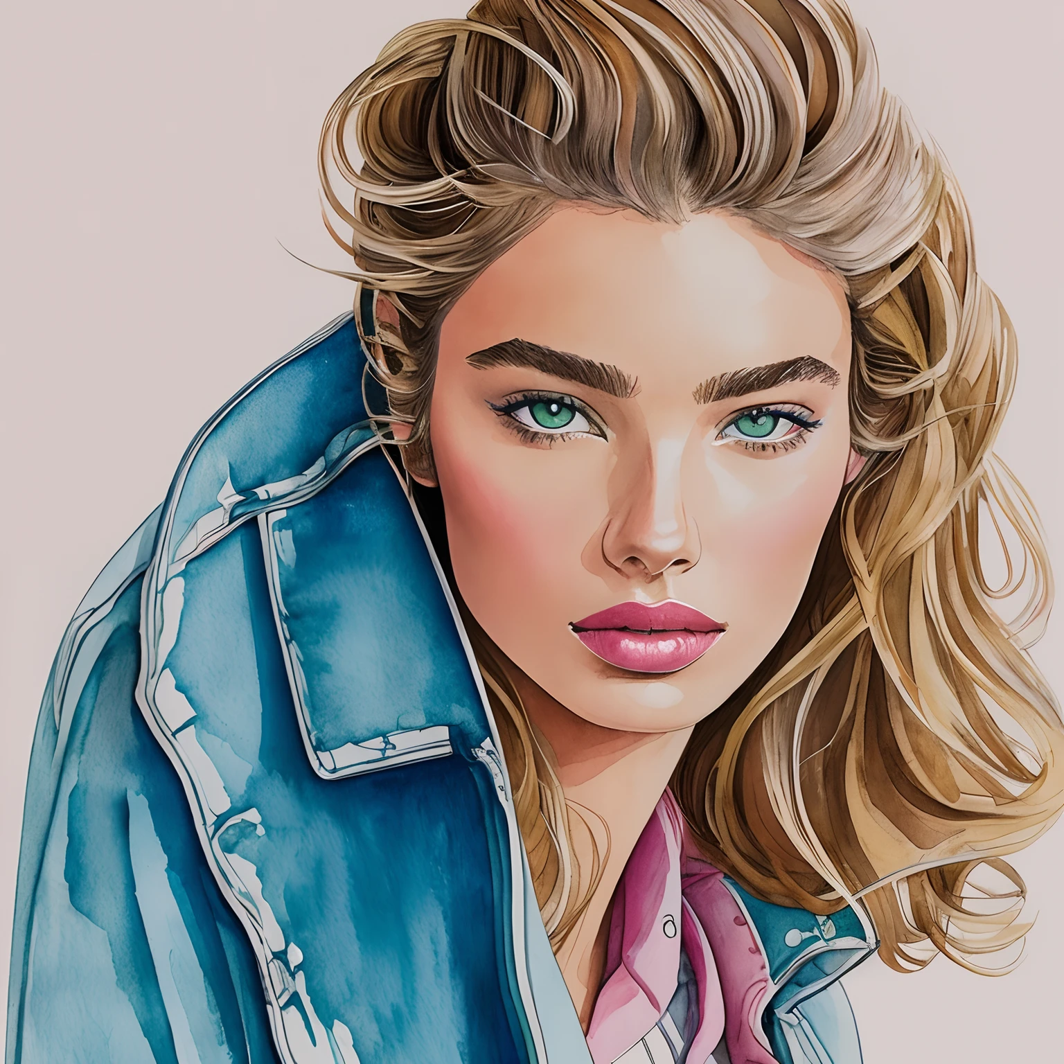 Manuel Rebollo. Illustration and Graphic Design, elgatoazul drawing, david downton drawing, line art image, slim elegant blonde thin short light brown blonde thair 1woman, pink lipstick, blue denim jacket, look, andreea diaconu mix stella maxwell, profile, watercolor, beige, gentle green, lilac, minimalist style, graphic, sketch