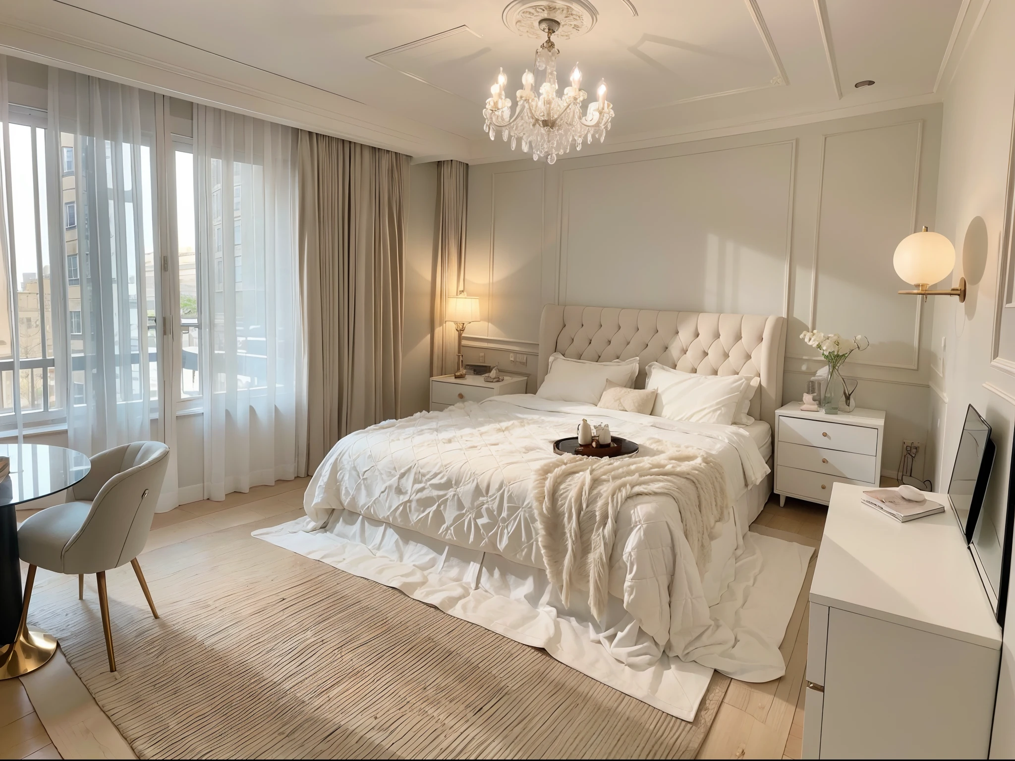 When you step into this luxurious bedroom, the soft light gently streams through the exquisite curtains onto the pristine white bed. A magnificent silver deer chandelier hangs from the ceiling, radiating a warm glow. The bedside wall lamp illuminates the elegant magazine table, adorned with enchanting flowers that bring a sense of tranquility. As you walk on the plush wool carpet, you feel like you've entered a fairytale world, eagerly anticipating a dreamy night ahead. (best quality,4k,8k,highres,masterpiece:1.2),ultra-detailed,(realistic,photorealistic,photo-realistic:1.37),opulent,sumptuous,fairy tale,soothing atmosphere,luxurious materials,soft lighting,exquisite details,dreamy ambiance,serene color tones,warm and cozy.