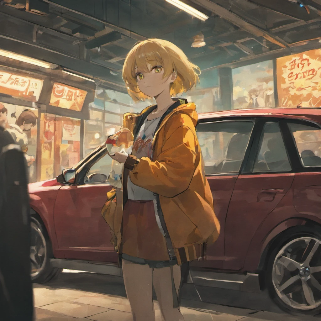 There is a black Labrador watching the young woman cut。The young man crouched on the car，Another young man held up his jacket and carefully examined the translucent color, Everyone does different parts in the process of applying car packaging. One of the males has slightly darker skin. The background is a car repair shop。4k，k hd。