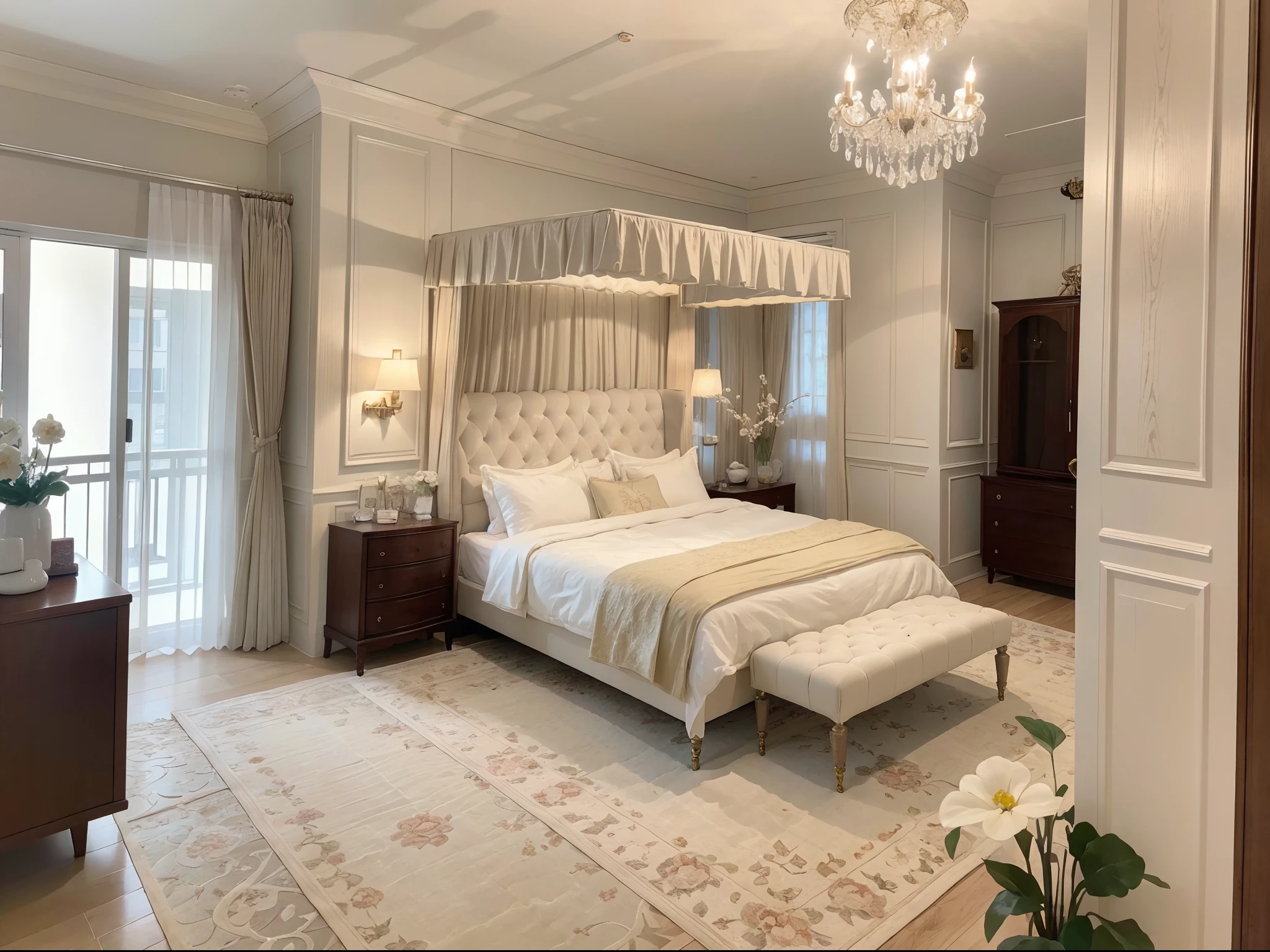 When you step into this luxurious bedroom, the soft light gently streams through the exquisite curtains onto the pristine white bed. A magnificent silver deer chandelier hangs from the ceiling, radiating a warm glow. The bedside wall lamp illuminates the elegant magazine table, adorned with enchanting flowers that bring a sense of tranquility. As you walk on the plush wool carpet, you feel like you've entered a fairytale world, eagerly anticipating a dreamy night ahead. (best quality,4k,8k,highres,masterpiece:1.2),ultra-detailed,(realistic,photorealistic,photo-realistic:1.37),opulent,sumptuous,fairy tale,soothing atmosphere,luxurious materials,soft lighting,exquisite details,dreamy ambiance,serene color tones,warm and cozy.