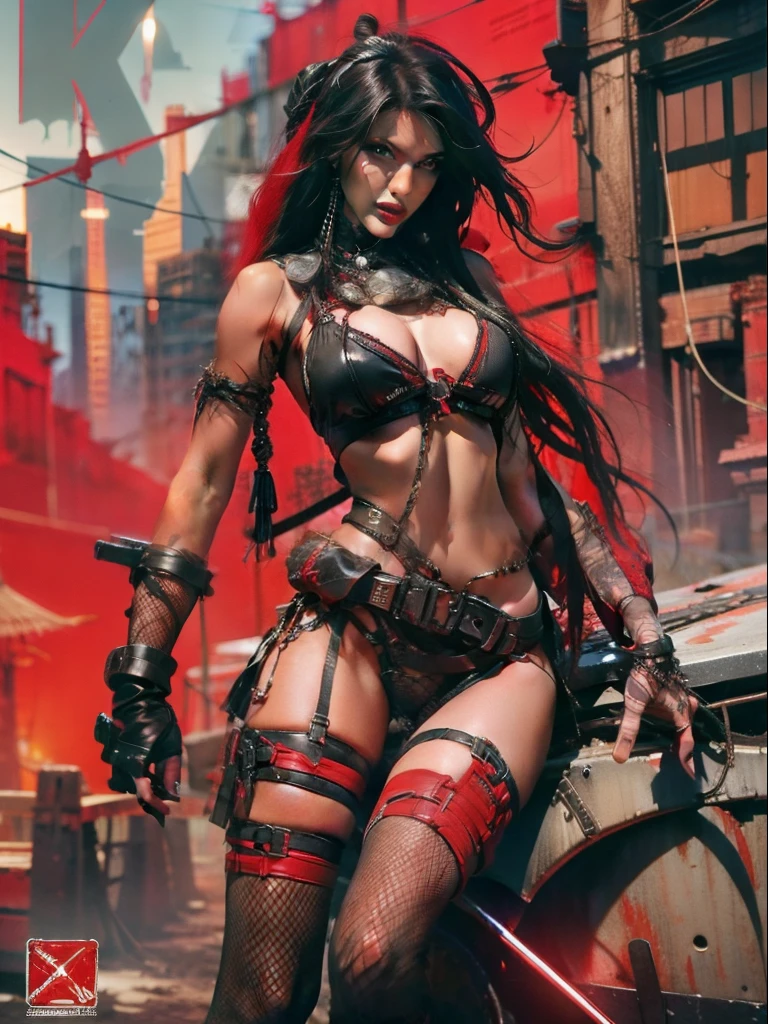 Post-apocalyptic female warrior woman in Simon Bisley style for the cover of Heavy Metal magazine, hair half black and half white, wearing teared red shirt and black fishnets, with some barb wires on her left leg thigh, scantily clad, art by Simon Bisley