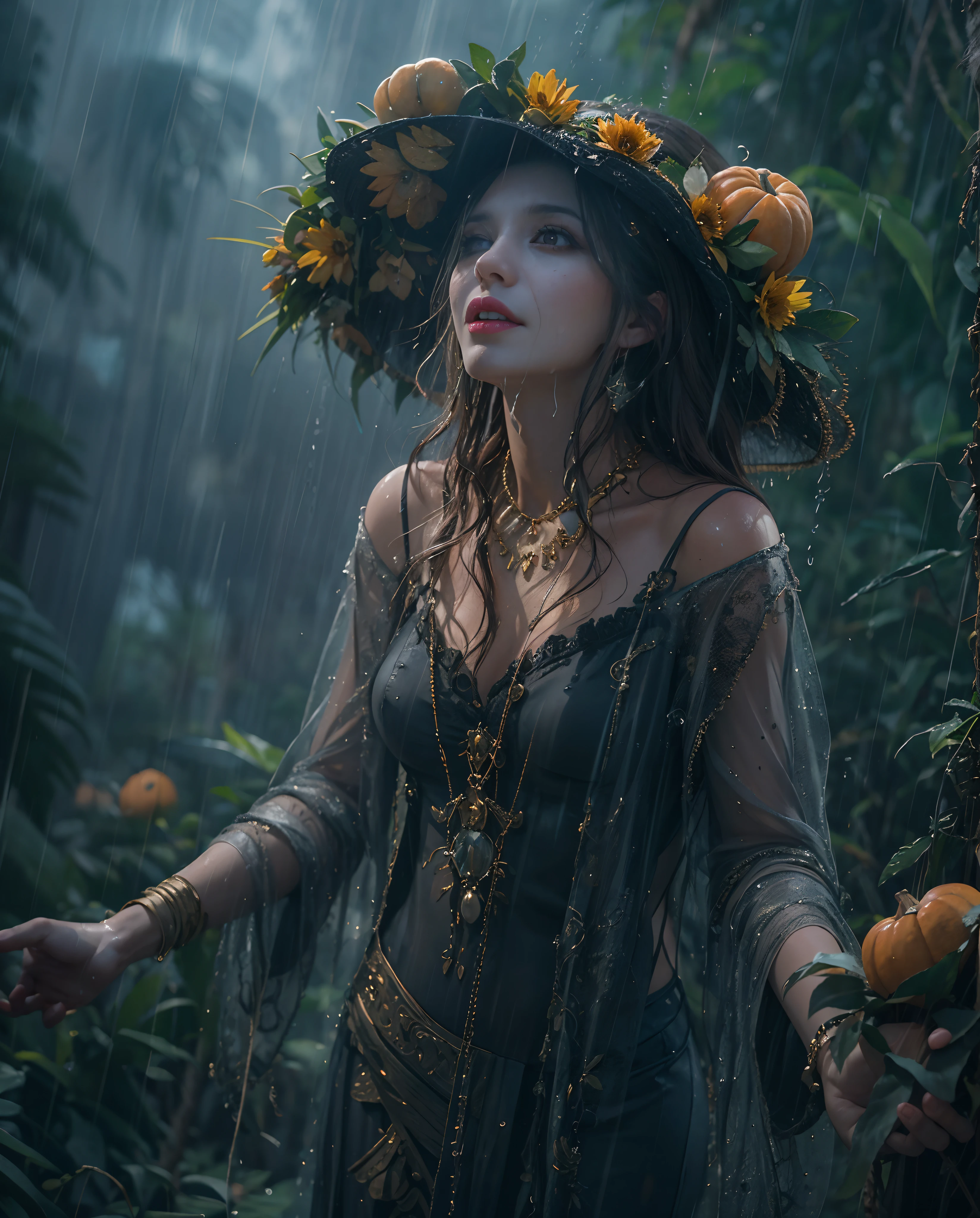 Best quality, masterpiece, meticulous detail, realistic, a mystical halloween lady getting wet in the middle of rainforest, raining heavily, the makeup washed away by the rain water