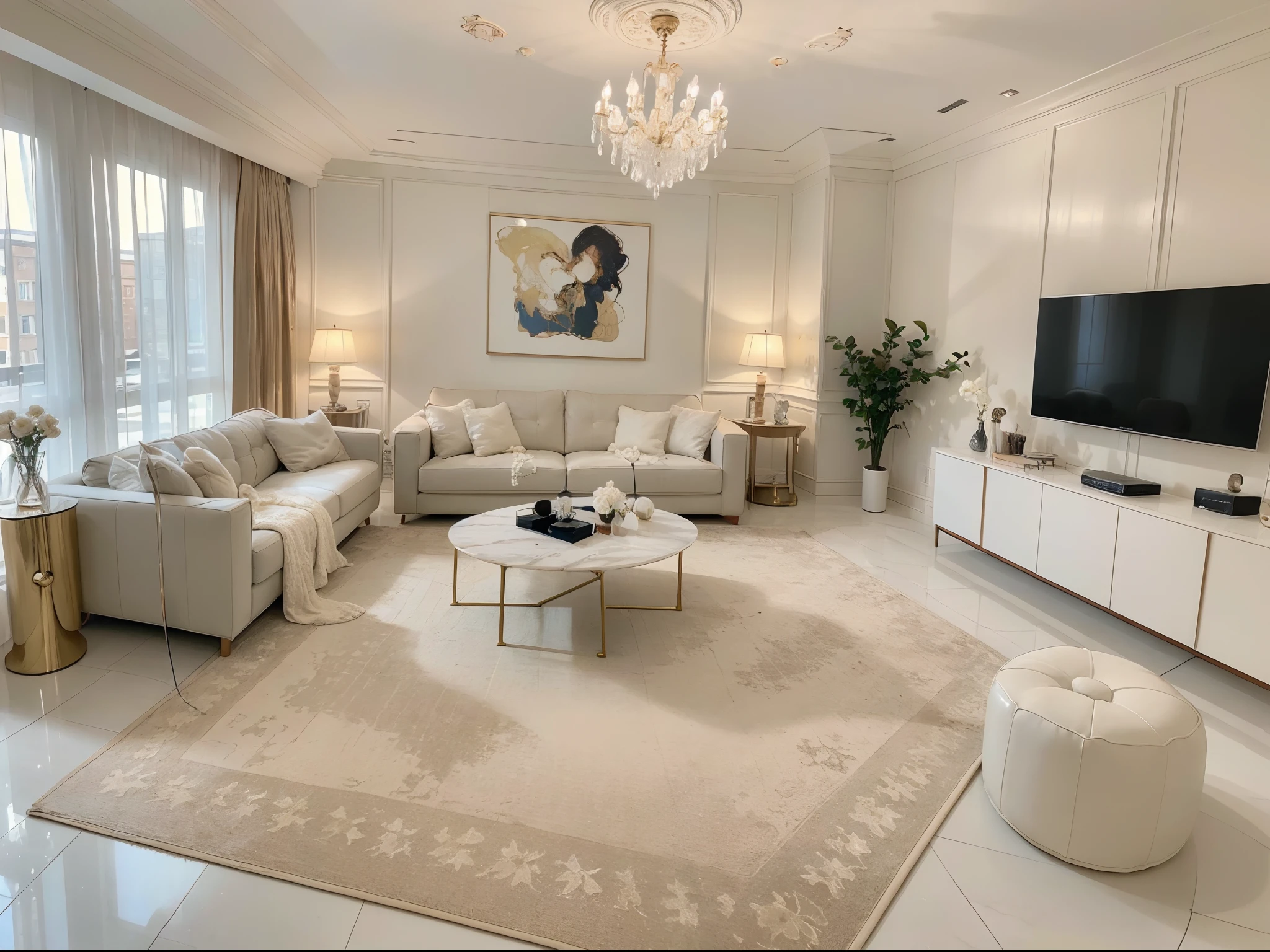 a luxurious living room,exquisite glass chandelier shining like crystal,white marble TV cabinet with luxurious sculptures on it,the majestic oil paintings hanging on the wall,soft sofa lying quietly on the elegant carpet,accompanied by gentle music,bringing you ultimate relaxation and tranquility.(best quality,4k,8k,highres,masterpiece:1.2),ultra-detailed,(realistic,photorealistic,photo-realistic:1.37),HDR,UHD,studio lighting,ultra-fine painting,sharp focus,physically-based rendering,extreme detail description,professional,vivid colors,bokeh,photography