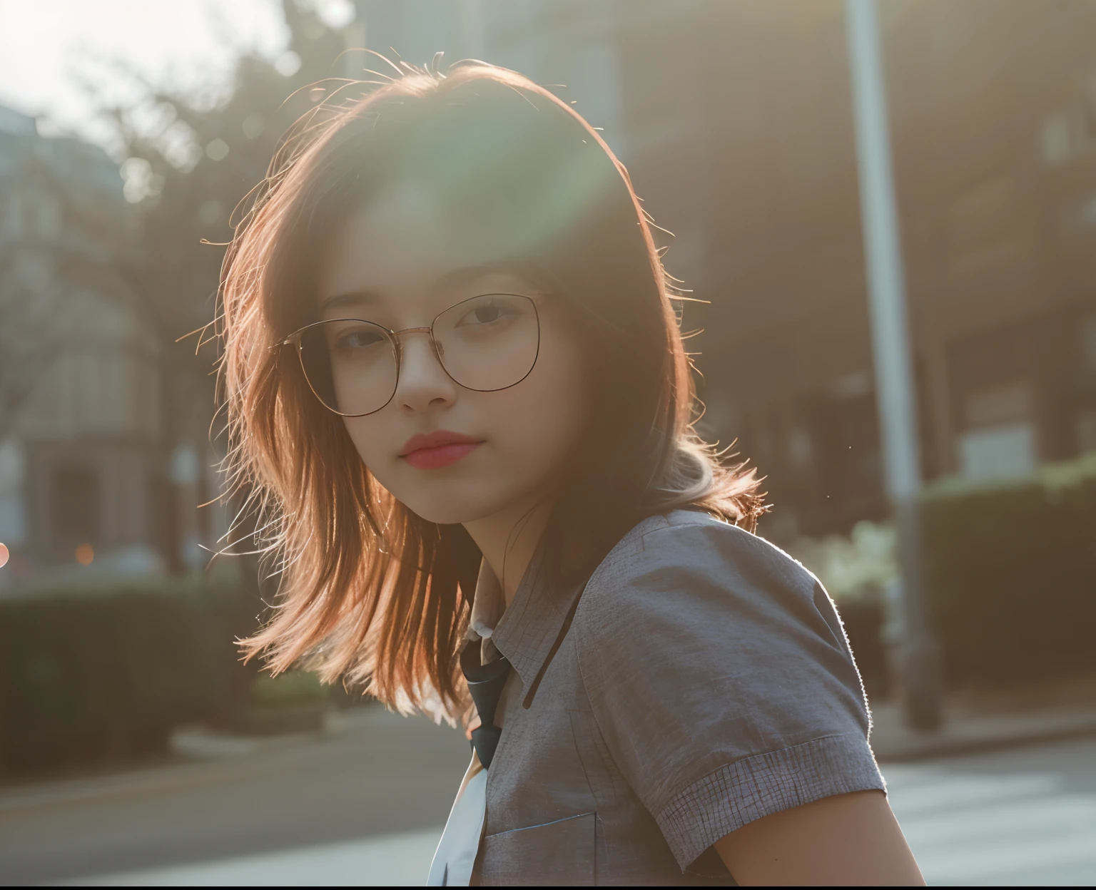 A woman wearing glasses and a tie stands in the street, 50mm portrait, Girl with glasses, a girl with round glasses, INFP young woman, 7 0 mm portrait, 60mm portrait, 3 5 mm portrait, soft light from the side, dslr 5 0 mm portrait photo, shot at golden hour，largeeyes，