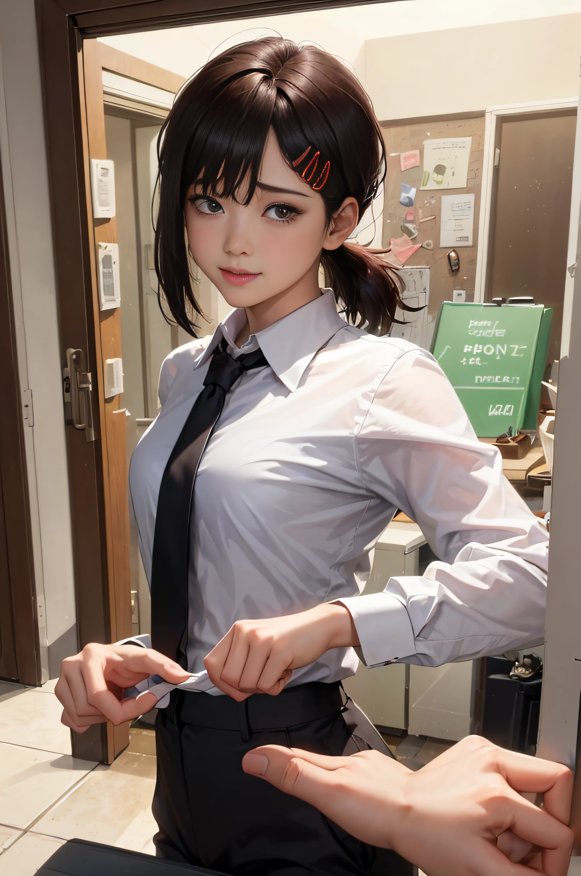 masterpiece, best quality, ultra-detailed, illustration, epic lighting, cinematic composition, isometric, 1girl, solo, cute, brown eyes, black hair, swept bangs, single sidelock, red hairclip, white collared shirt, black necktie, black pants, formal, enchanting gaze, captivating pose, indoors, office, door, opening door, looking at viewer, peeking out upper body, blush, seductive smile, closed mouth,(8k:1.1),