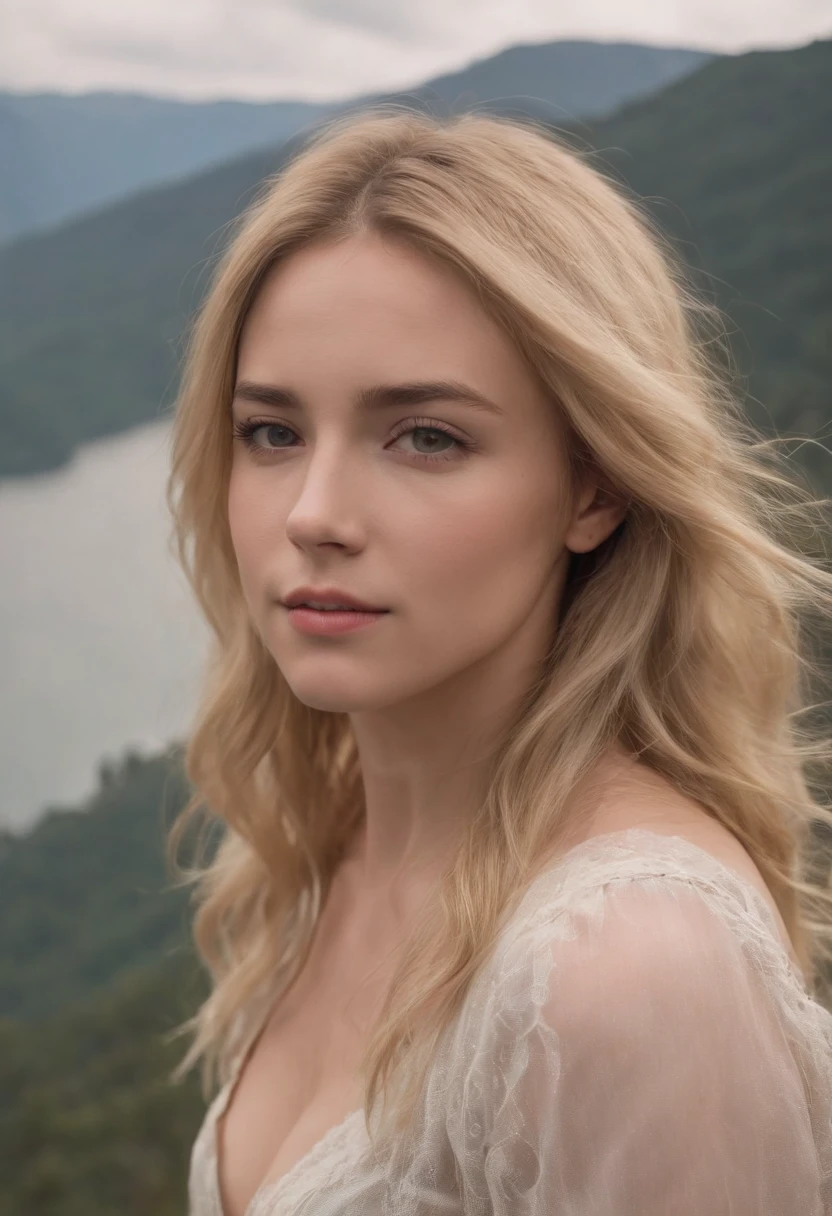 (Una Chica Americana, rubia, Akame, El pelo largo, sin ropa sonriente, Cara mojada con esperma, up in the mountains