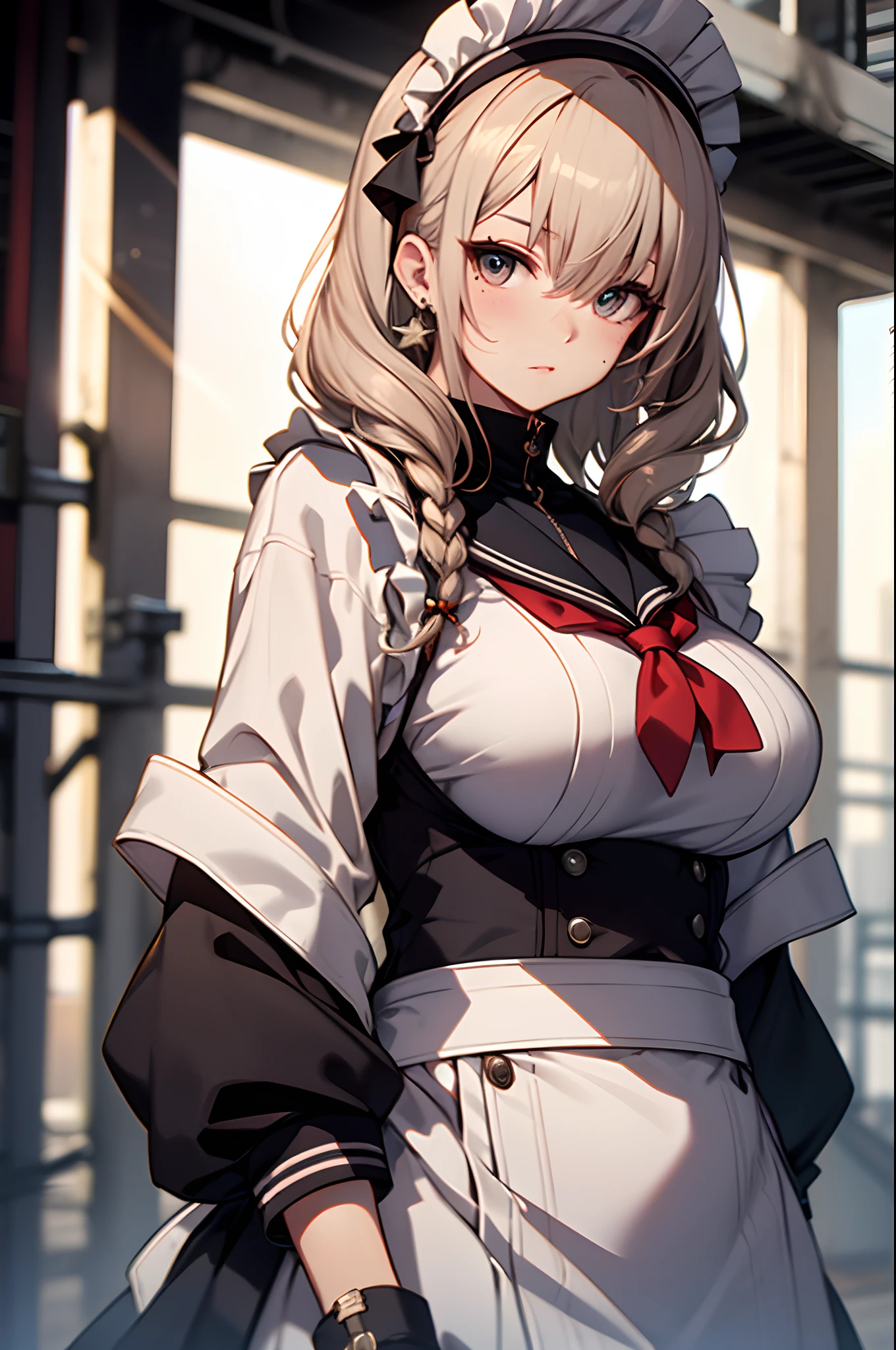 Curvaceous but slender、2 hair colors、ornament detached、Maid Sailor、frilld、a sailor suit、maid clothes、Niso、accessorized、shairband、Muchimuchi Body、well-muscled、mole、hair adornments、shairband、Hats、Distinctive charm points、Eyebrows、Sareme、poneyTail、Muscular nose、red blush、offensive、sadist、Weapon keeping、plump lips、Physical beauty、disheveled hair、Unique fashion、Depiction in motion、Healing space、soft sunlight、Combining Light and Shadow、(top-quality、hight resolution、8k、​masterpiece:1.2)。