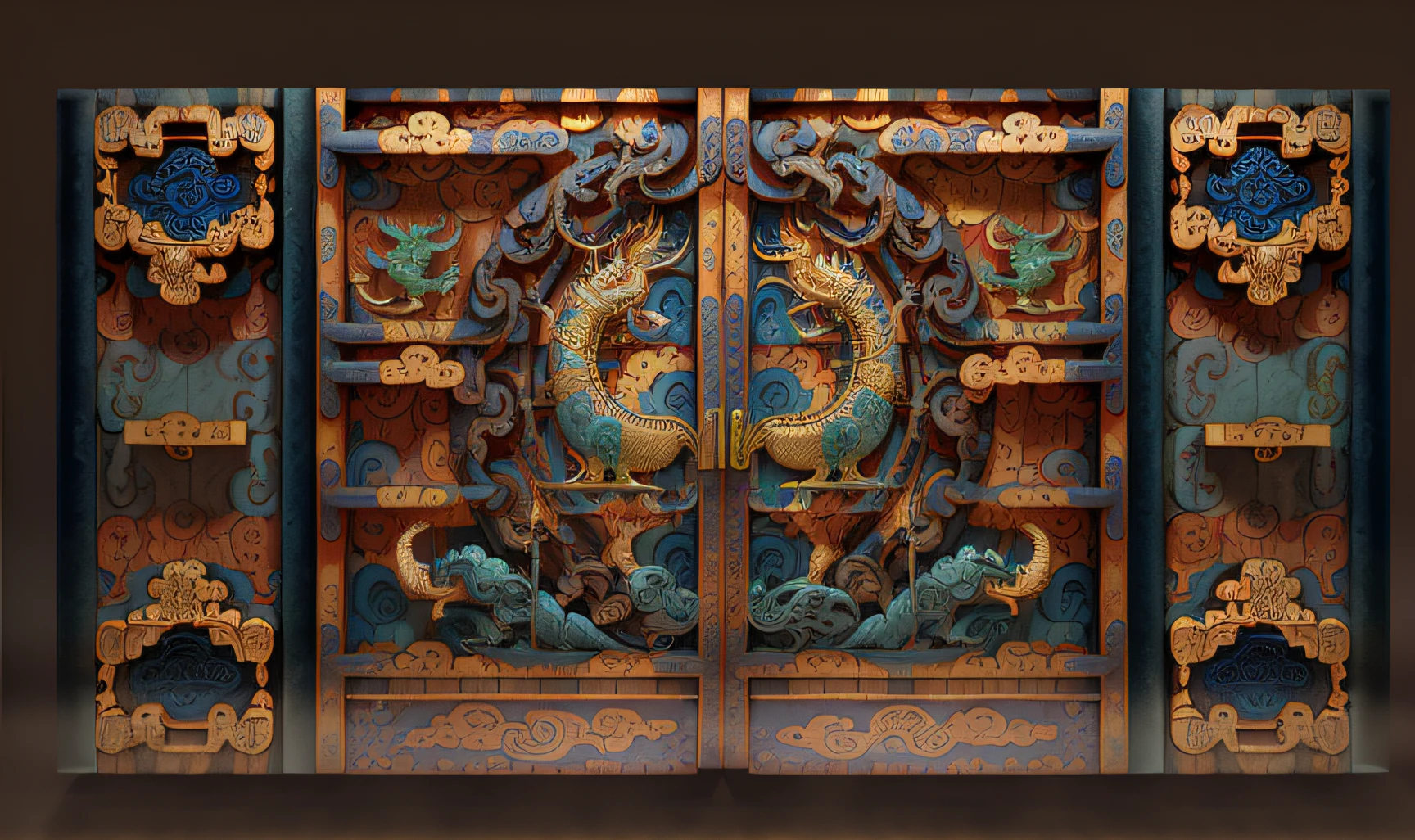 There is a blue and gold gate,There is a dragon on it, highly detailed panel cuts, ancient chinese ornate, pop japonisme 3 d ultra detailed, massive decorated doors, highly detailed and colored, Highly detailed. post-proces, high resolution and detail, intricate detail realism hdr, Highly detailed digital art, Post-processing. High detail, highly detailed texture render,((Many traditional Chinese moire patterns)),Ultra-clear 8K,
