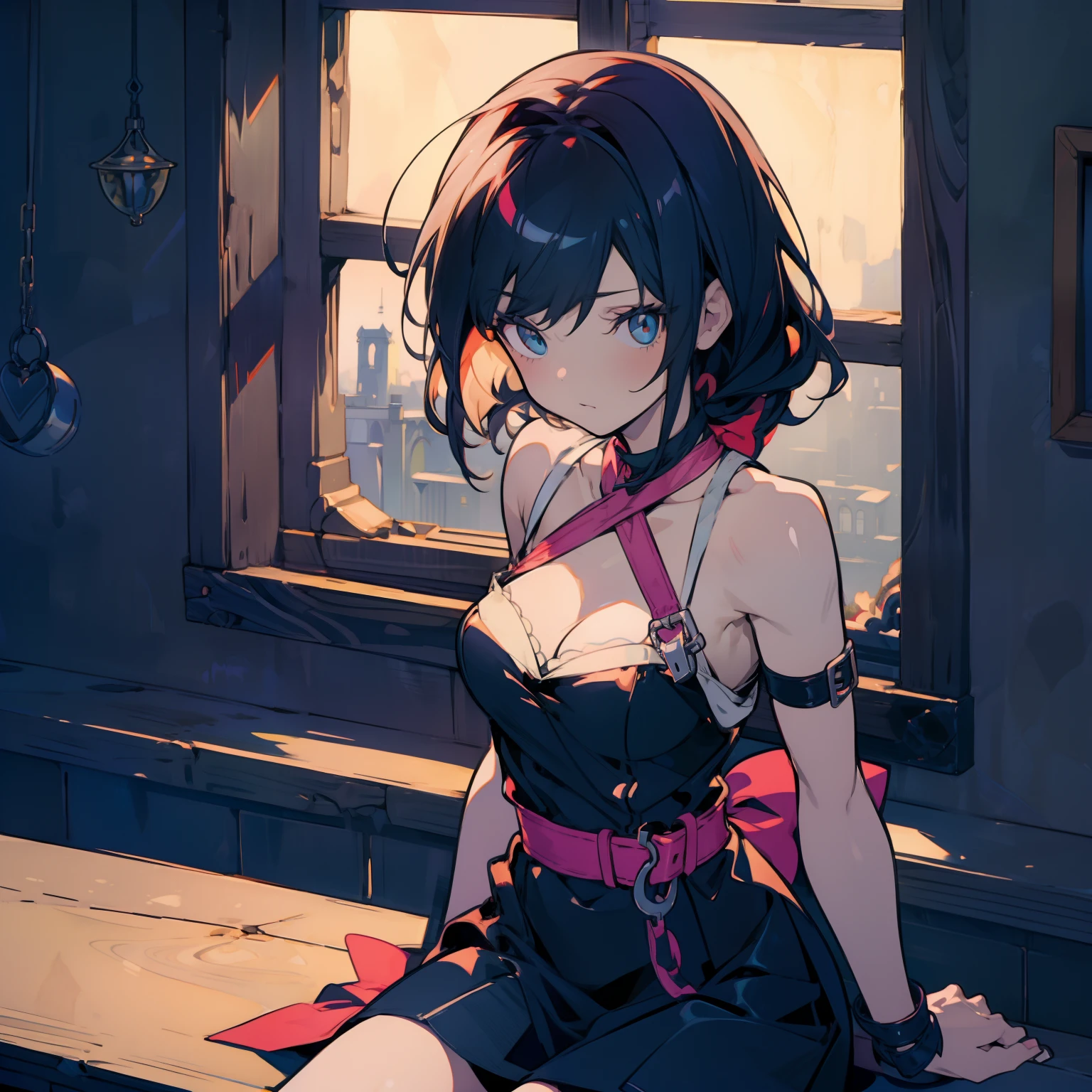 (masterpiece, best quality) ( 1girl, solo ) snow white, modern disney style, cartoon style, red bow, blue eyes, short black hair, sitting on a window sill with a black bra and cuffs, wrapped in leather straps, leather cuffs around wrists, shibari, restrained, harnesses and garters, handcuffed, handcuffs,  dominant pose, sexy dominant pose, chained