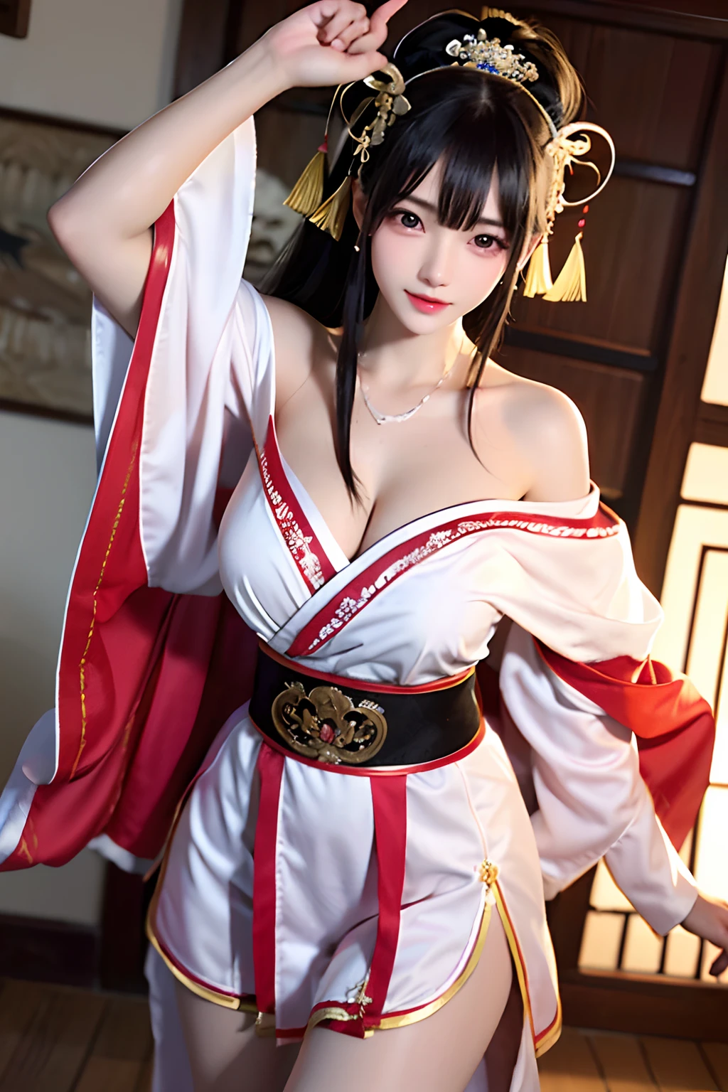 korean beautiful young girl,big eyes,light pink dress,black hair,(dancing close to me:1.5),(snow mountain top), ancient chinese clothes,luxurious silk, long beautiful flowing kimono, hanfu,ancient chinese palace , flowing robe,trending on cgstation, palace ,slim ,(expose thighs:1.4),(off shoulder:1.4),medium boobs,(Expose areola:1.4),cleavage,clavicle,chinese style hair,(sweat:1.6),best quality,reality,raw photo,fantasy, first person pov,ancient chinese headdress,(grin:0.2),
