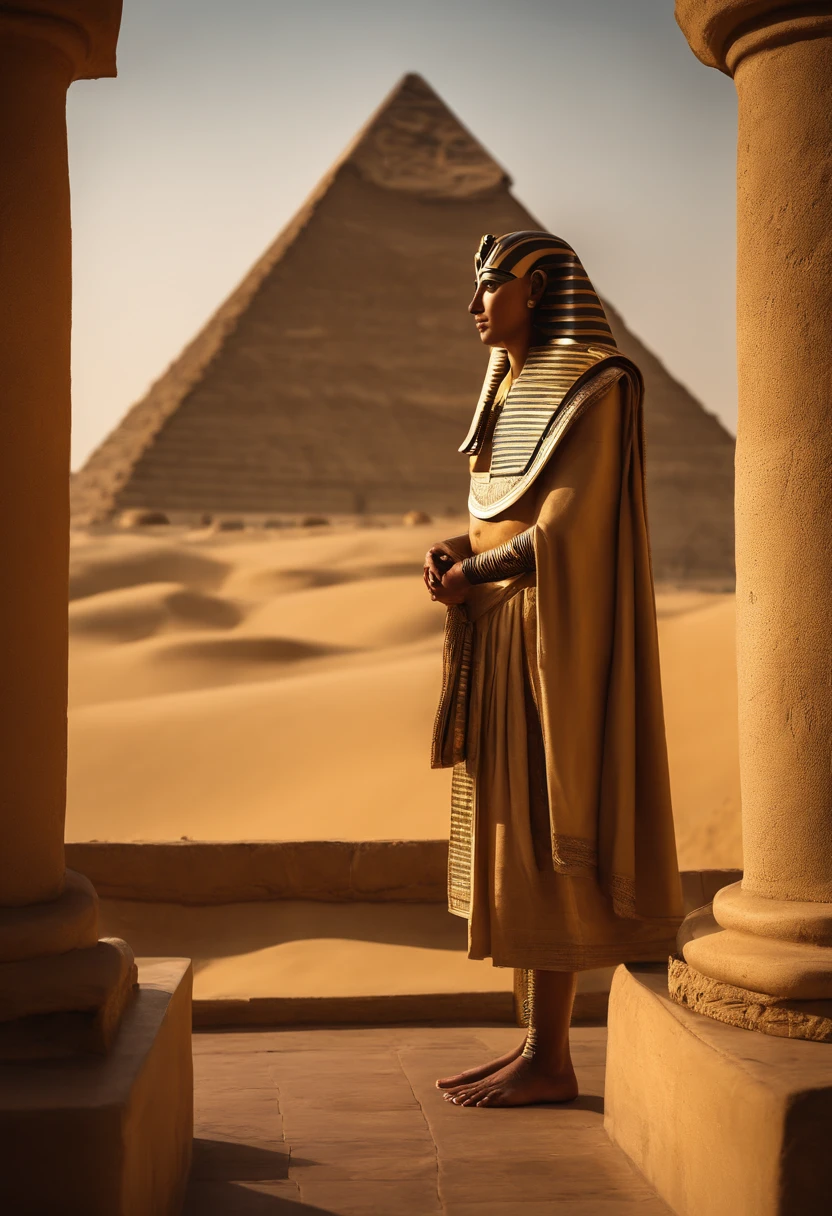 le pharaon Ramses 2 sur un balcon surplombant les pyramide