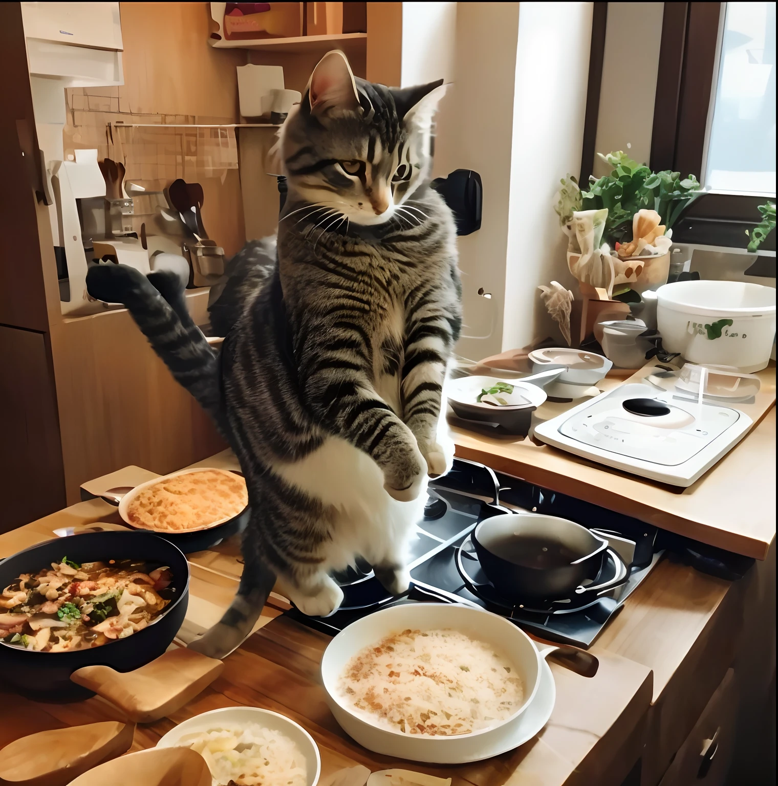 There was a cat standing on the counter with a pot, the cat cooks soup, Cooking, cooking it up, dinner is served, cat eating, cat on the table, cat masterpiece, .gif, miko, chonker cat, cooking show, On plates and tables, ❤🔥🍄🌪, Meow, gourmet cooking