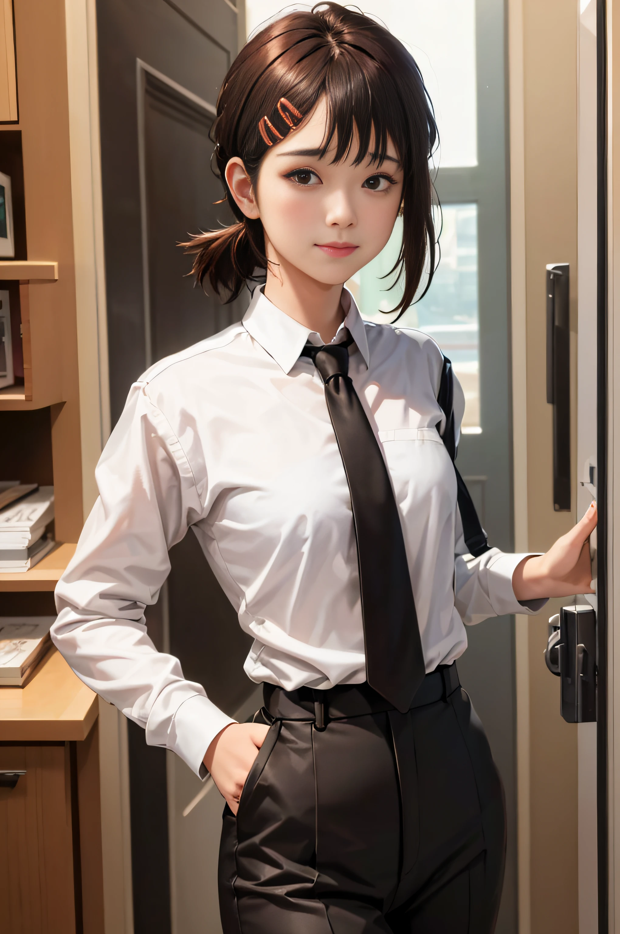 masterpiece, best quality, ultra-detailed, illustration, epic lighting, cinematic composition, isometric, 1girl, solo, cute, brown eyes, black hair, swept bangs, single sidelock, red hairclip, white collared shirt, black necktie, black pants, formal, enchanting gaze, captivating pose, indoors, office, door, opening door, looking at viewer, peeking out upper body, blush, seductive smile, closed mouth,(8k:1.1),